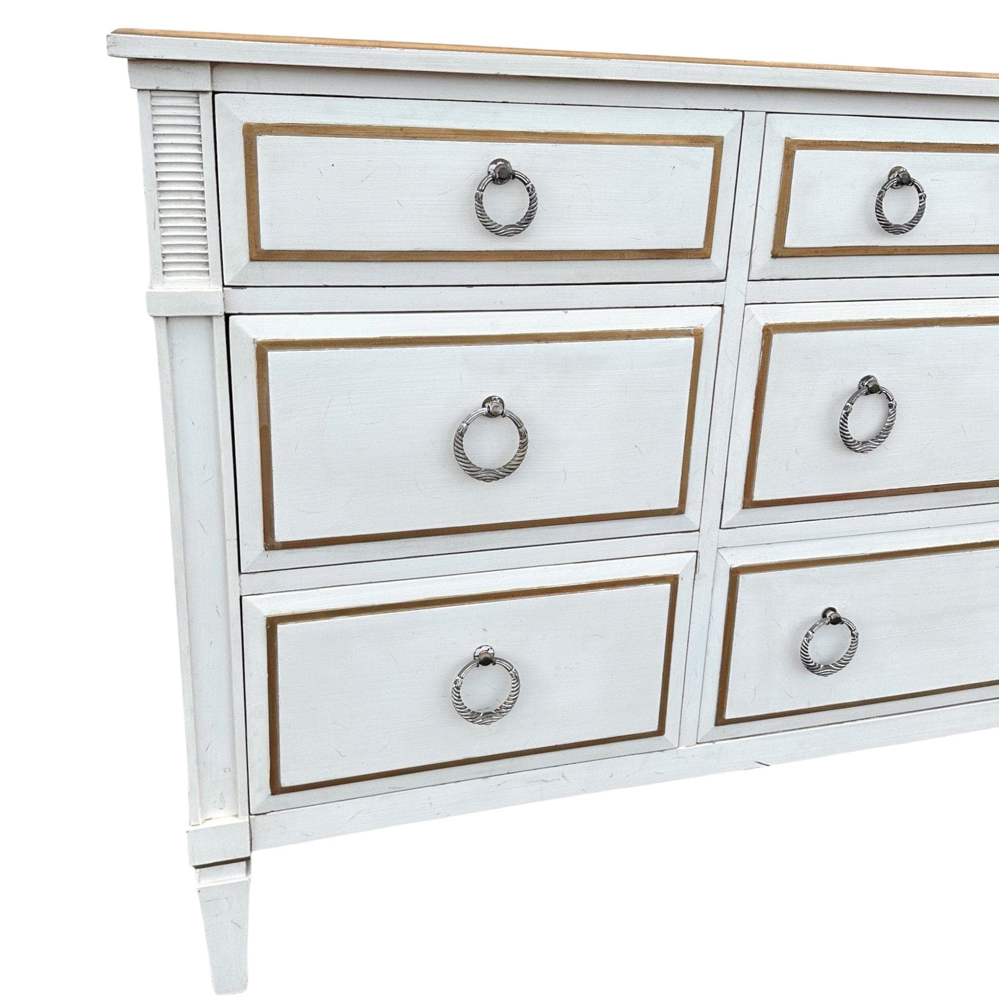 Vintage Davis Cabinet Company 71” Long Dresser – Antique White Gold Wood 9 Drawer Credenza with Drop Ring Pulls - Thumbnail 6