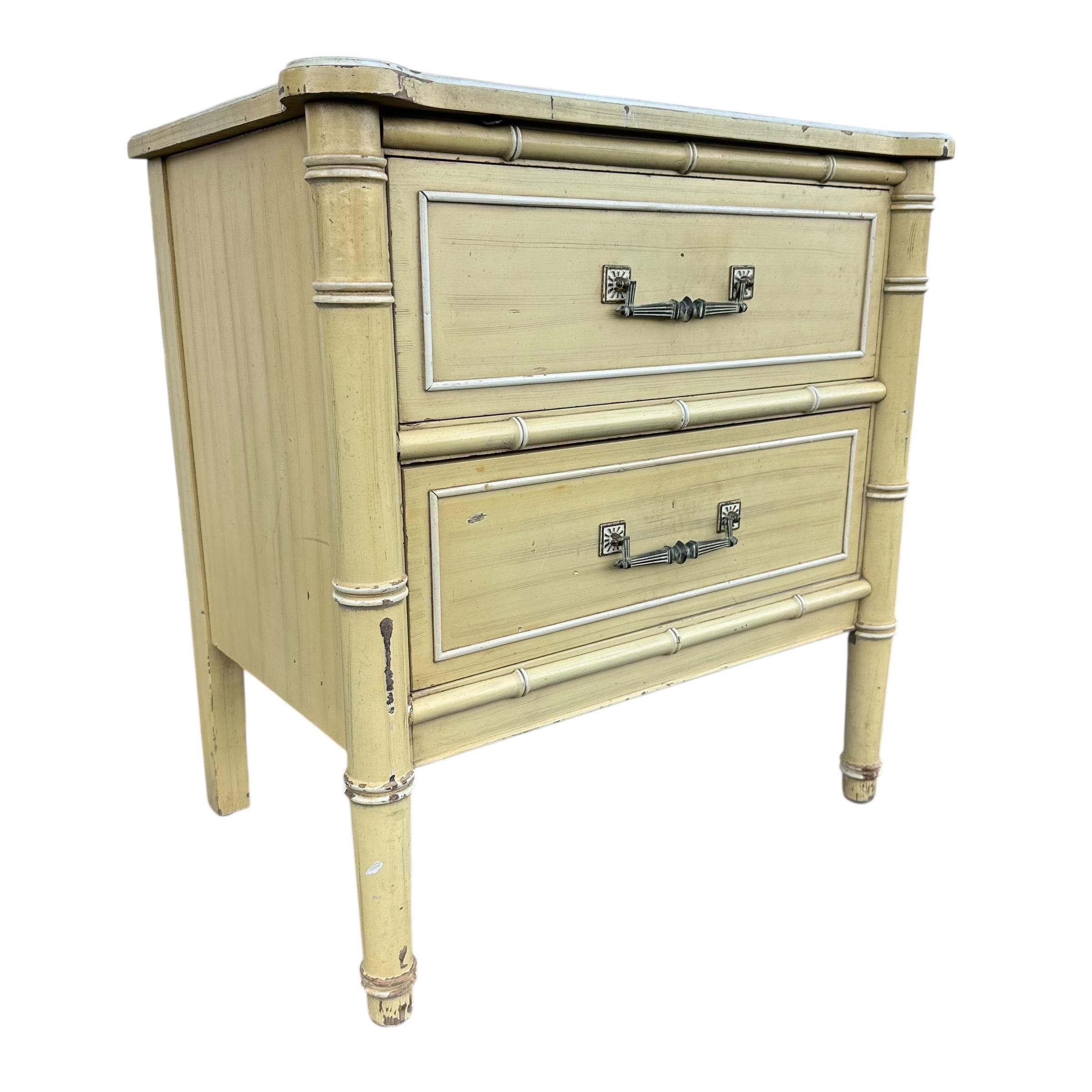 Faux Bamboo Nightstand by Henry Link Bali Hai - Vintage Yellow Wash End Table Hollywood Regency Coastal - Thumbnail 12
