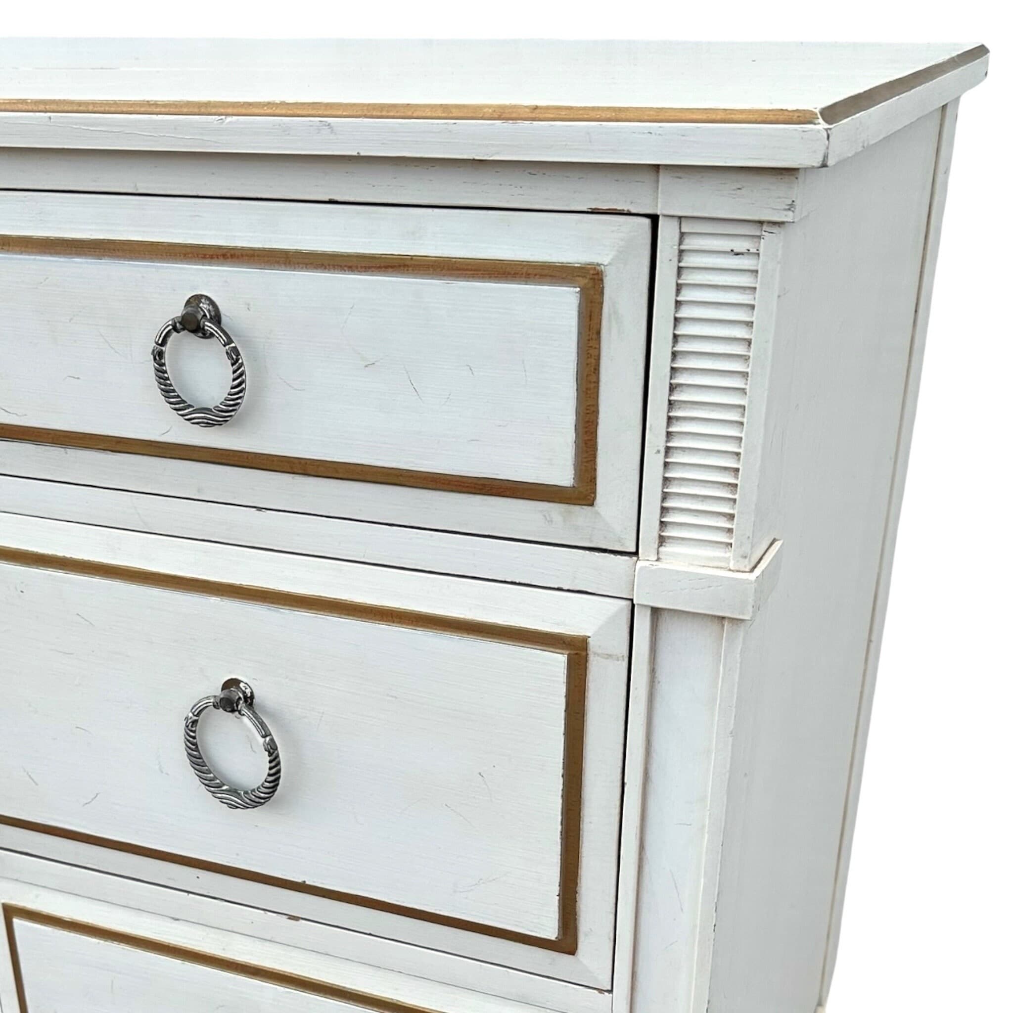 Vintage Davis Cabinet Company 71” Long Dresser – Antique White Gold Wood 9 Drawer Credenza with Drop Ring Pulls - Thumbnail 7