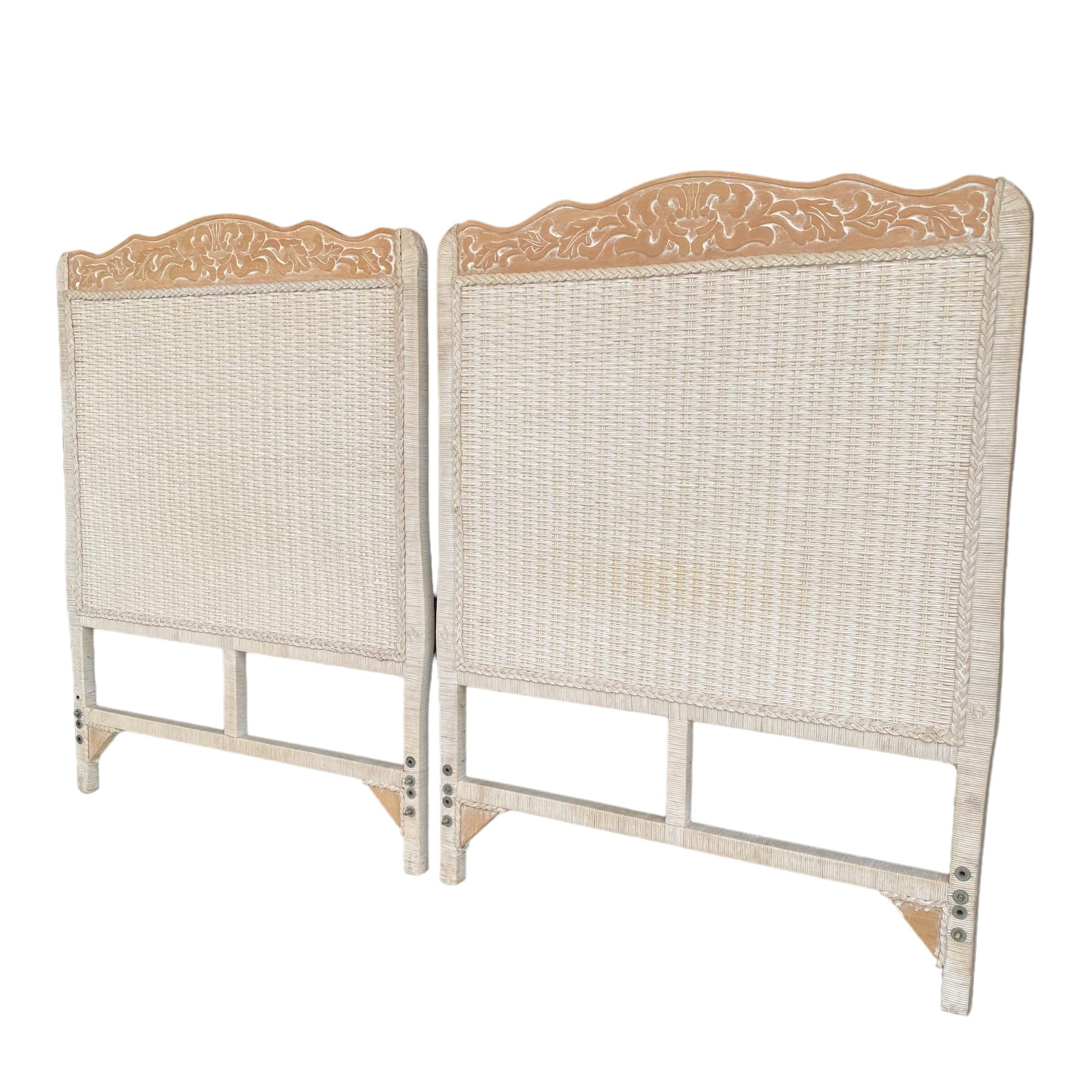 Vintage Twin Wicker Headboards - Set of 2 Jamaica Collection White Rattan Coastal Boho Chic Bedroom Furniture - Thumbnail 2