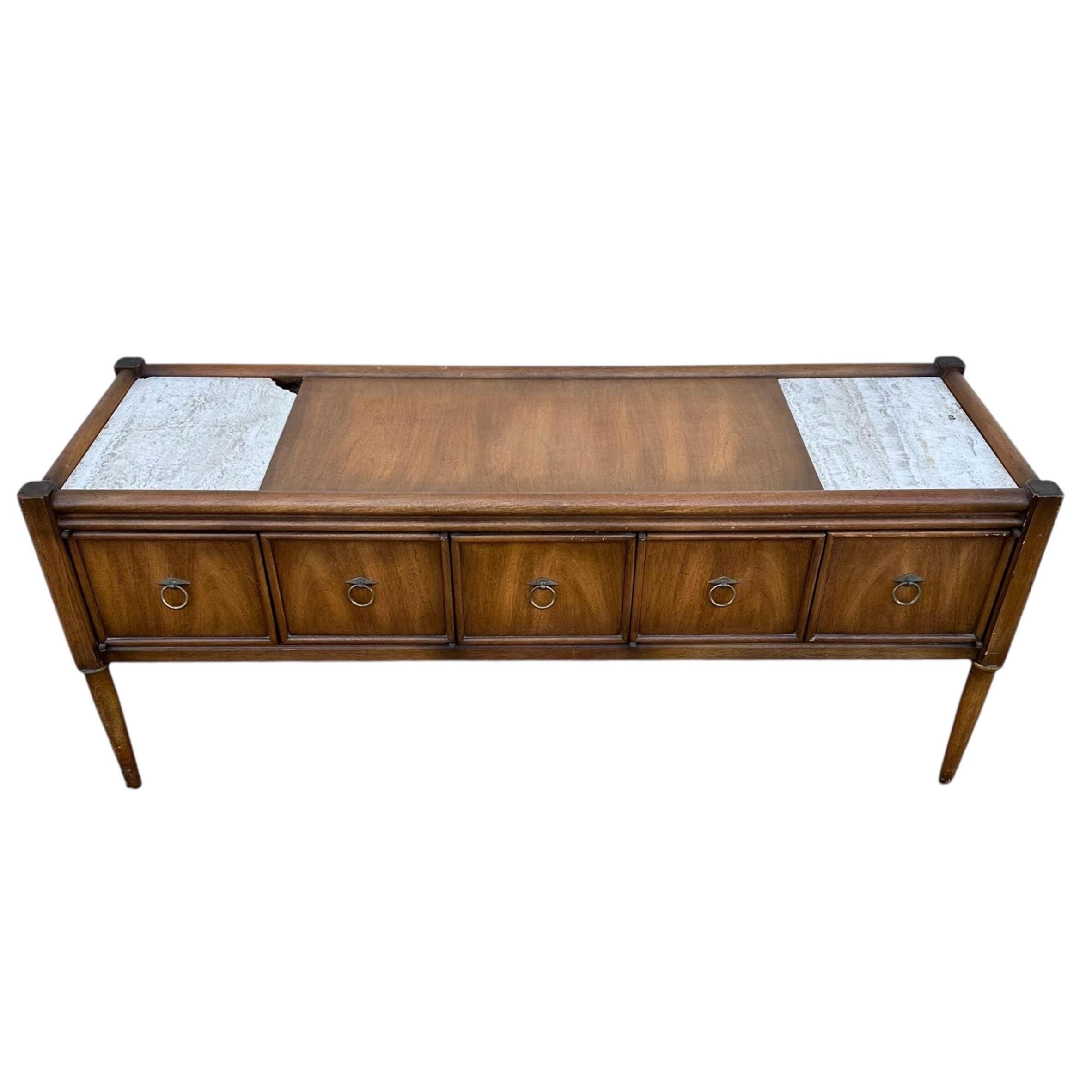 Mid Century Modern Low Profile Cabinet by Gordon’s Fine Furniture 56” Long - Vintage MCM Midcentury Walnut Wood Stone Console Table Credenza - Thumbnail 3