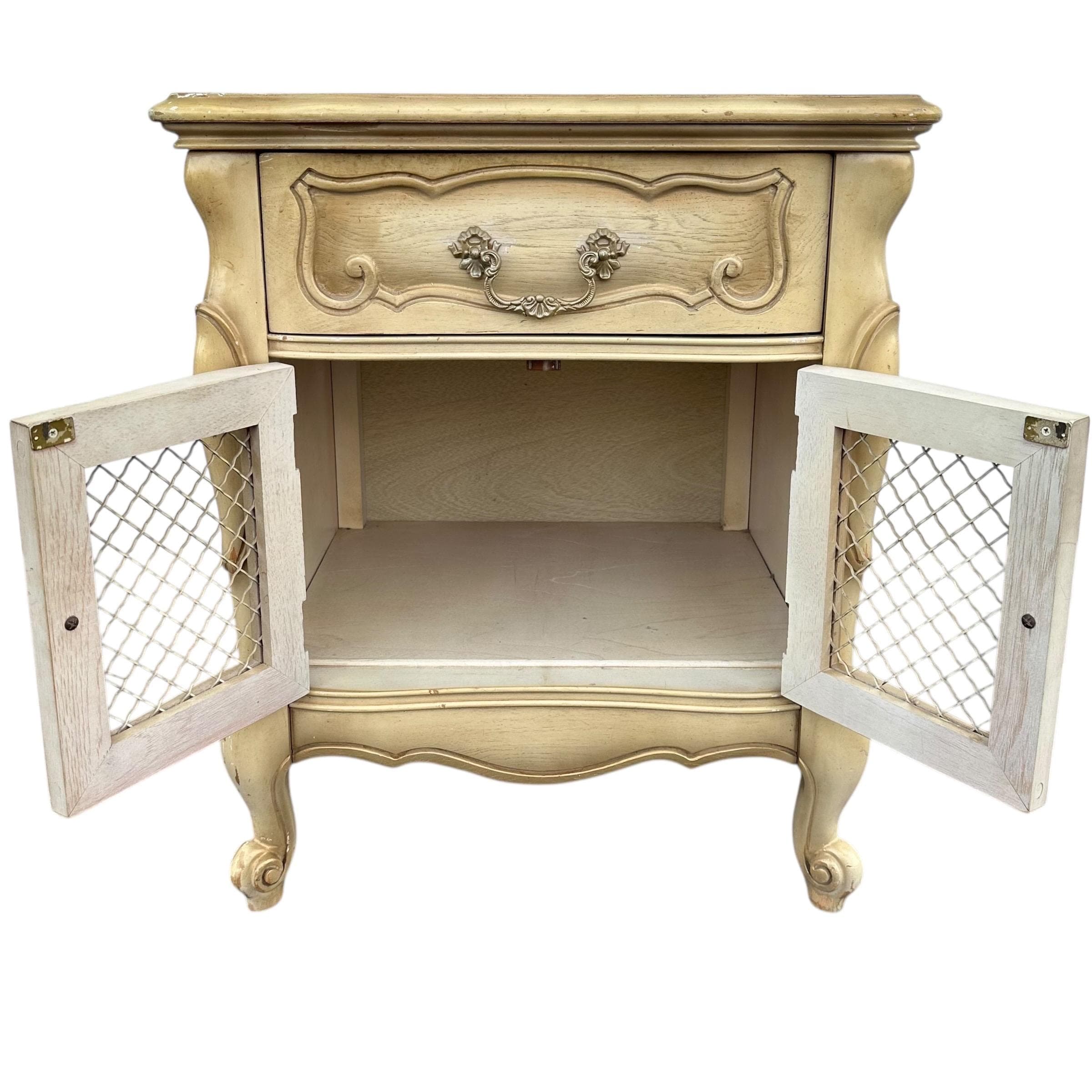 French Provincial Nightstand 27” Tall - Vintage Louis XV Style Carved Wood & Lattice Wire Mesh Doors Shabby Chic End Table - Thumbnail 2