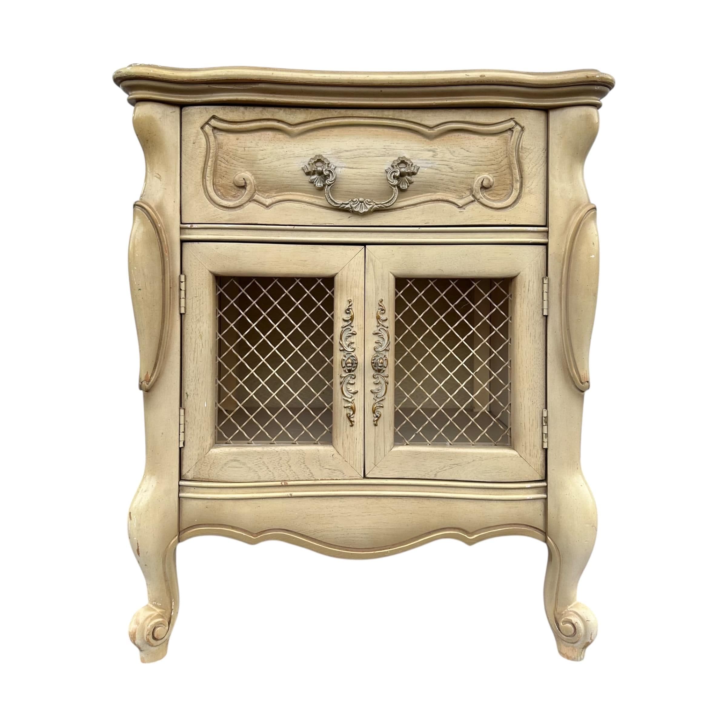 French Provincial Nightstand 27” Tall - Vintage Louis XV Style Carved Wood & Lattice Wire Mesh Doors Shabby Chic End Table - Image 1