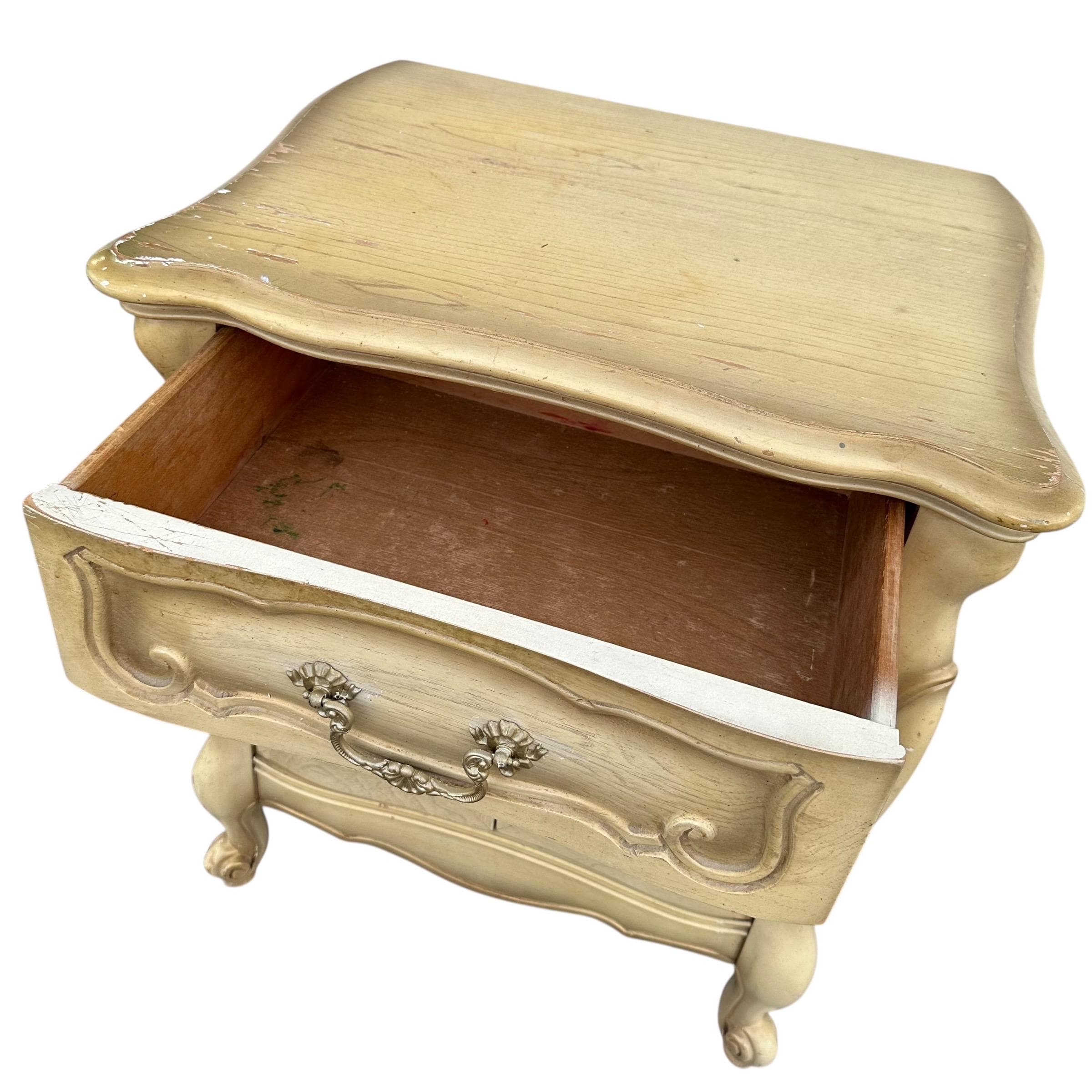 French Provincial Nightstand 27” Tall - Vintage Louis XV Style Carved Wood & Lattice Wire Mesh Doors Shabby Chic End Table - Thumbnail 6