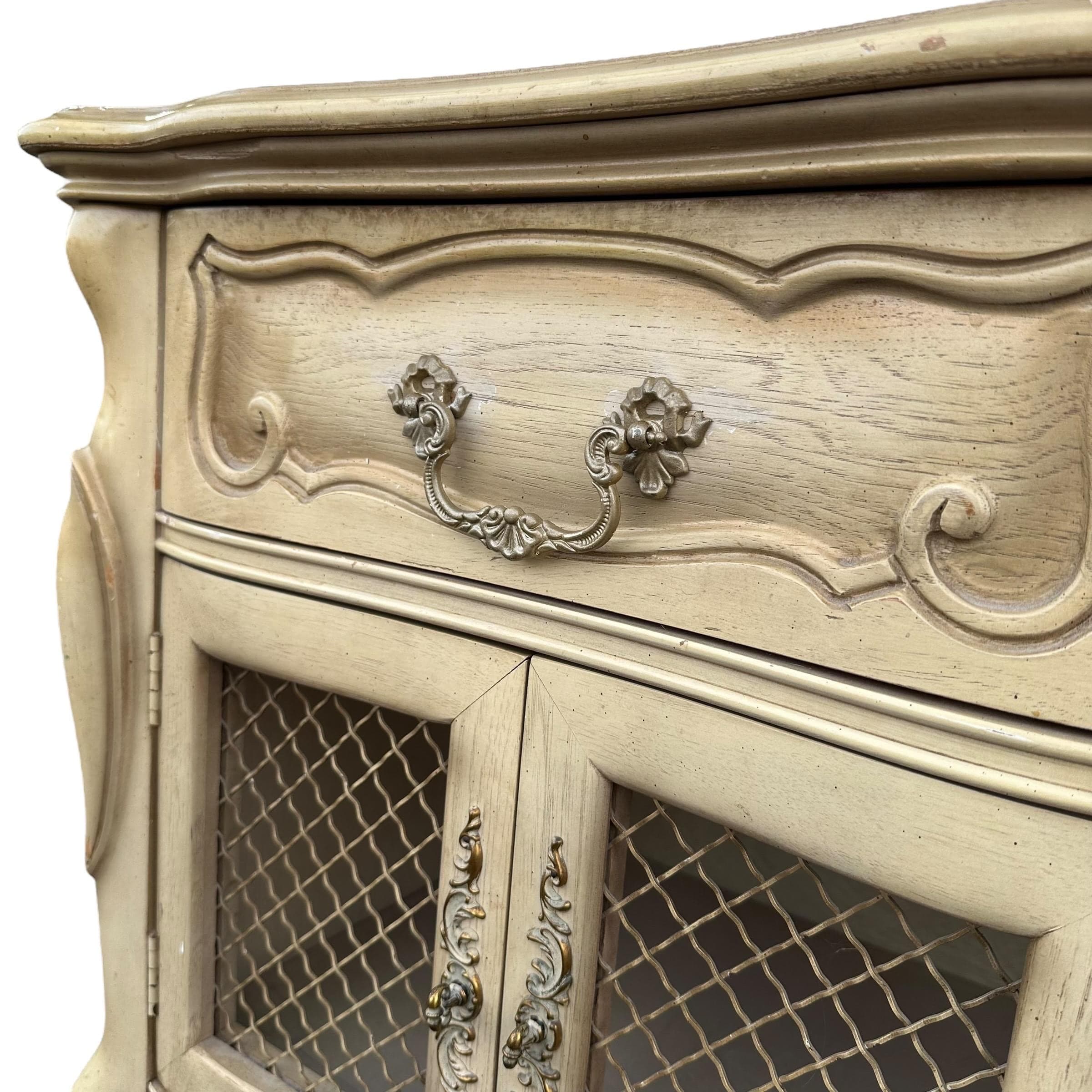 French Provincial Nightstand 27” Tall - Vintage Louis XV Style Carved Wood & Lattice Wire Mesh Doors Shabby Chic End Table - Thumbnail 3