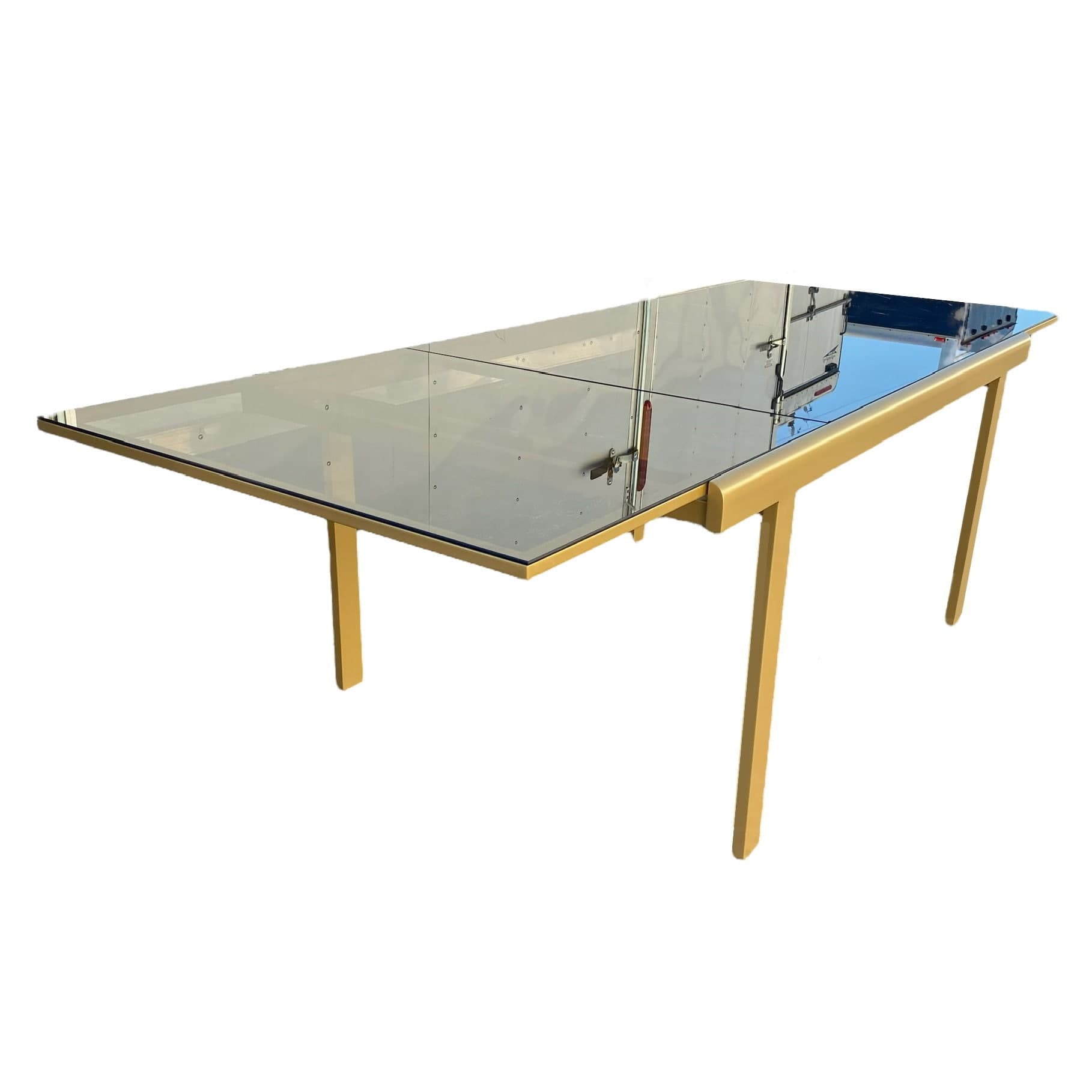 Mid-Century Modern Expanding Dining Table in Brass Gold Steel and Smoked Glass Top - Leaf Insert Extends 66" to 98" Long - MCM Milo Baughman - Thumbnail 3