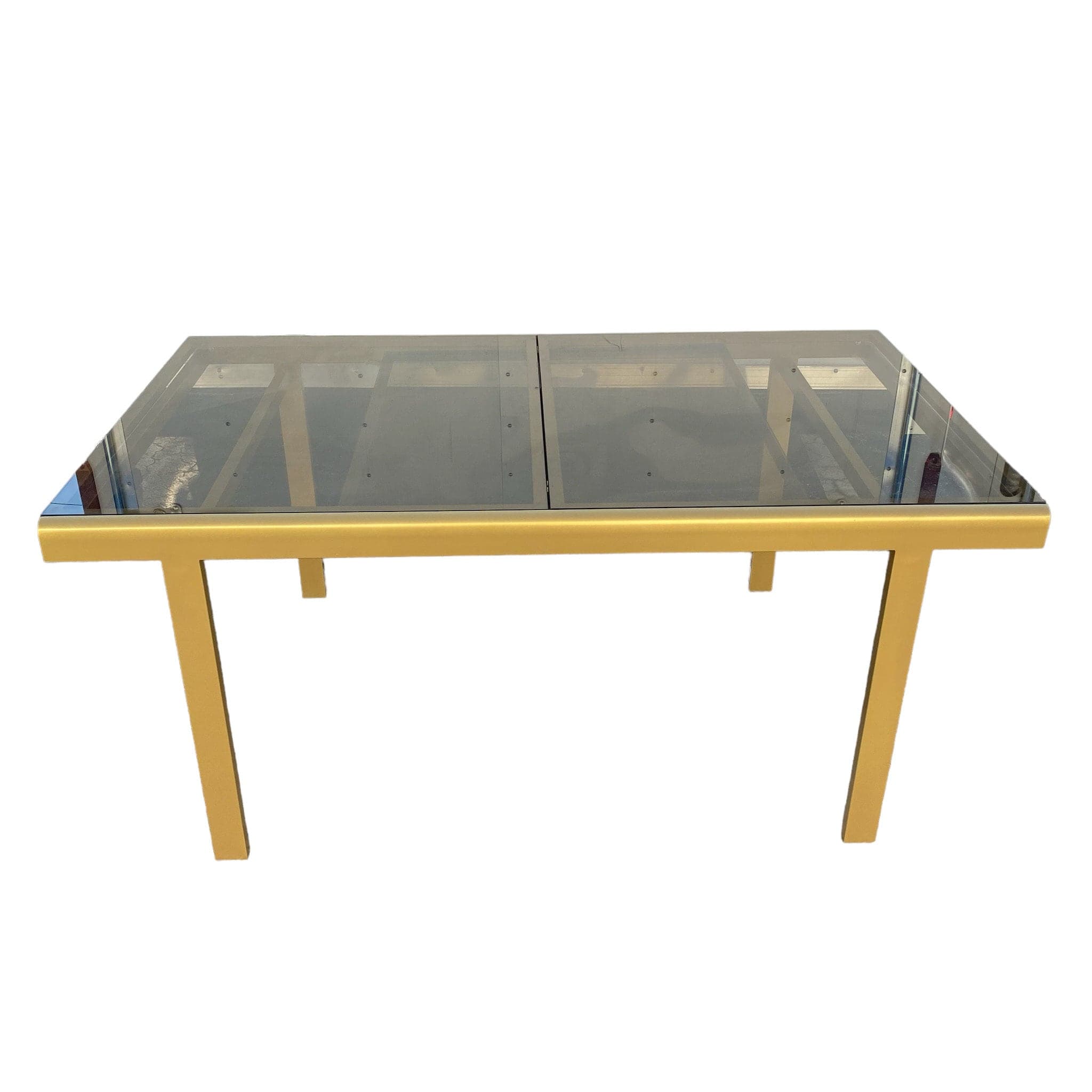 Mid-Century Modern Expanding Dining Table in Brass Gold Steel and Smoked Glass Top - Leaf Insert Extends 66" to 98" Long - MCM Milo Baughman - Thumbnail 2