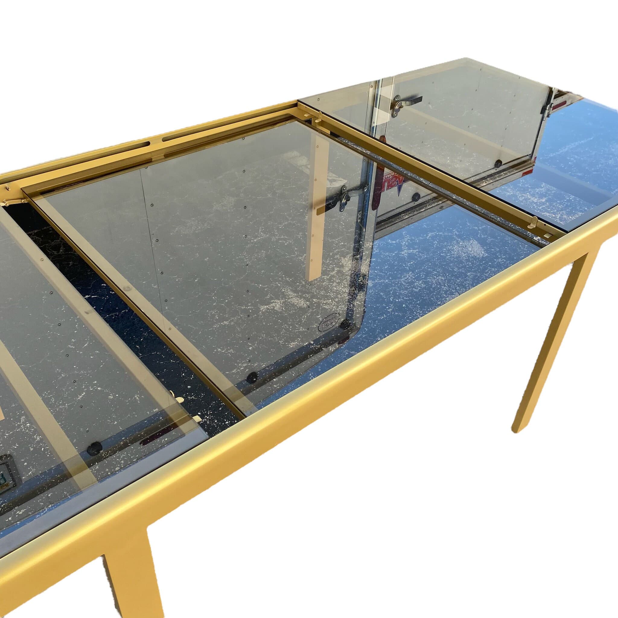 Mid-Century Modern Expanding Dining Table in Brass Gold Steel and Smoked Glass Top - Leaf Insert Extends 66" to 98" Long - MCM Milo Baughman - Thumbnail 4