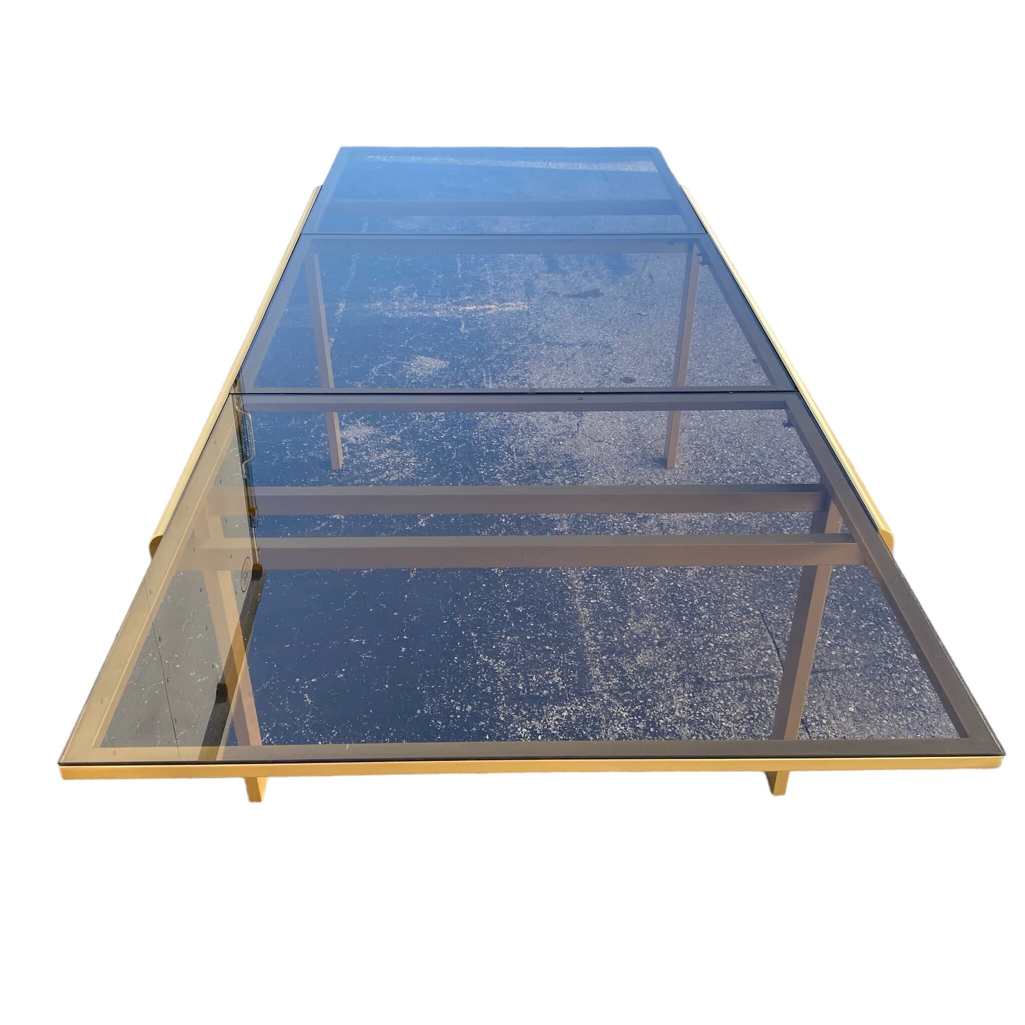 Mid-Century Modern Expanding Dining Table in Brass Gold Steel and Smoked Glass Top - Leaf Insert Extends 66" to 98" Long - MCM Milo Baughman - Thumbnail 7