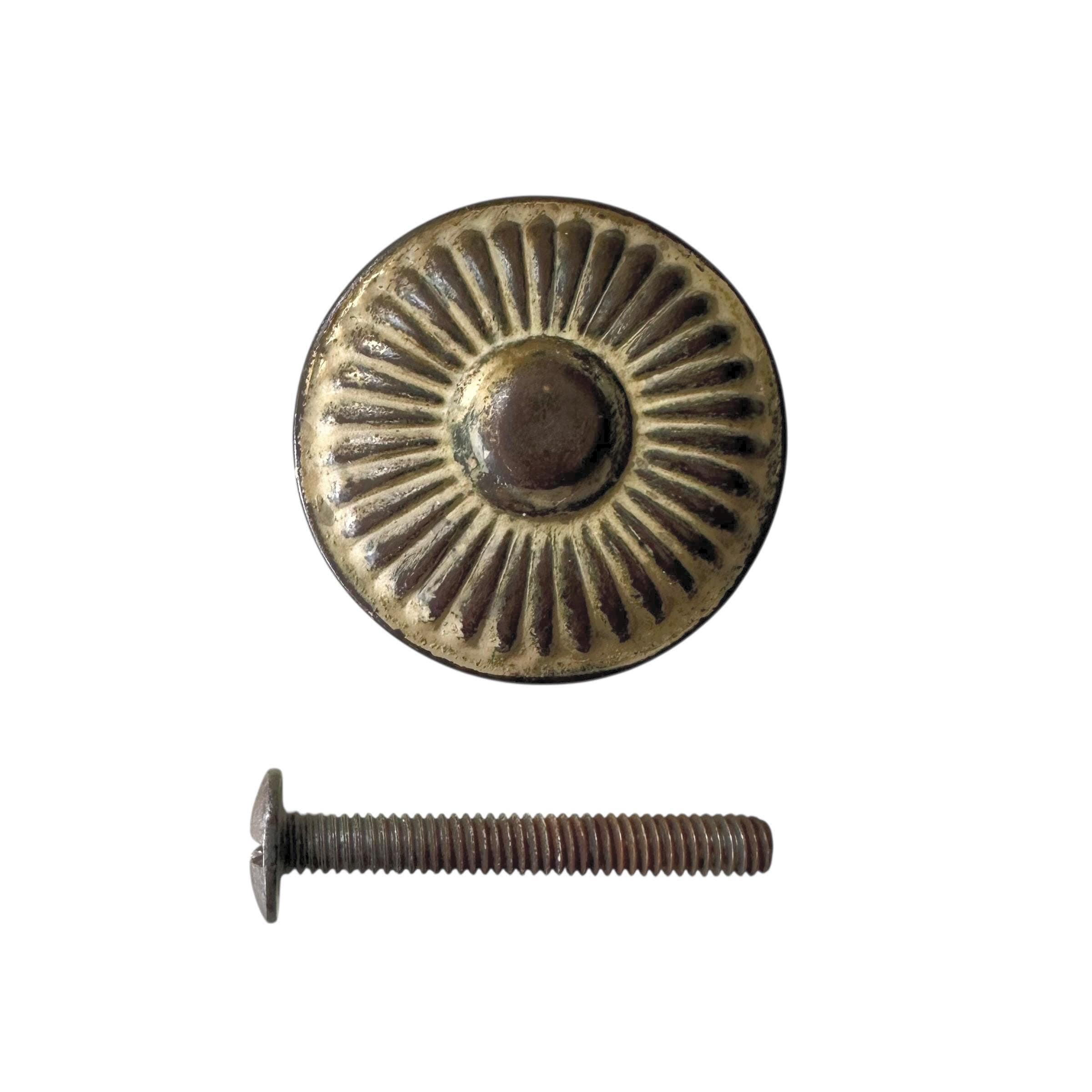Thomasville Allegro Round Sunburst Knob Hardware - Original Vintage Brass Drawer Pull for 1970s Faux Bamboo Dresser or Nightstand - Size 1" - Thumbnail 5