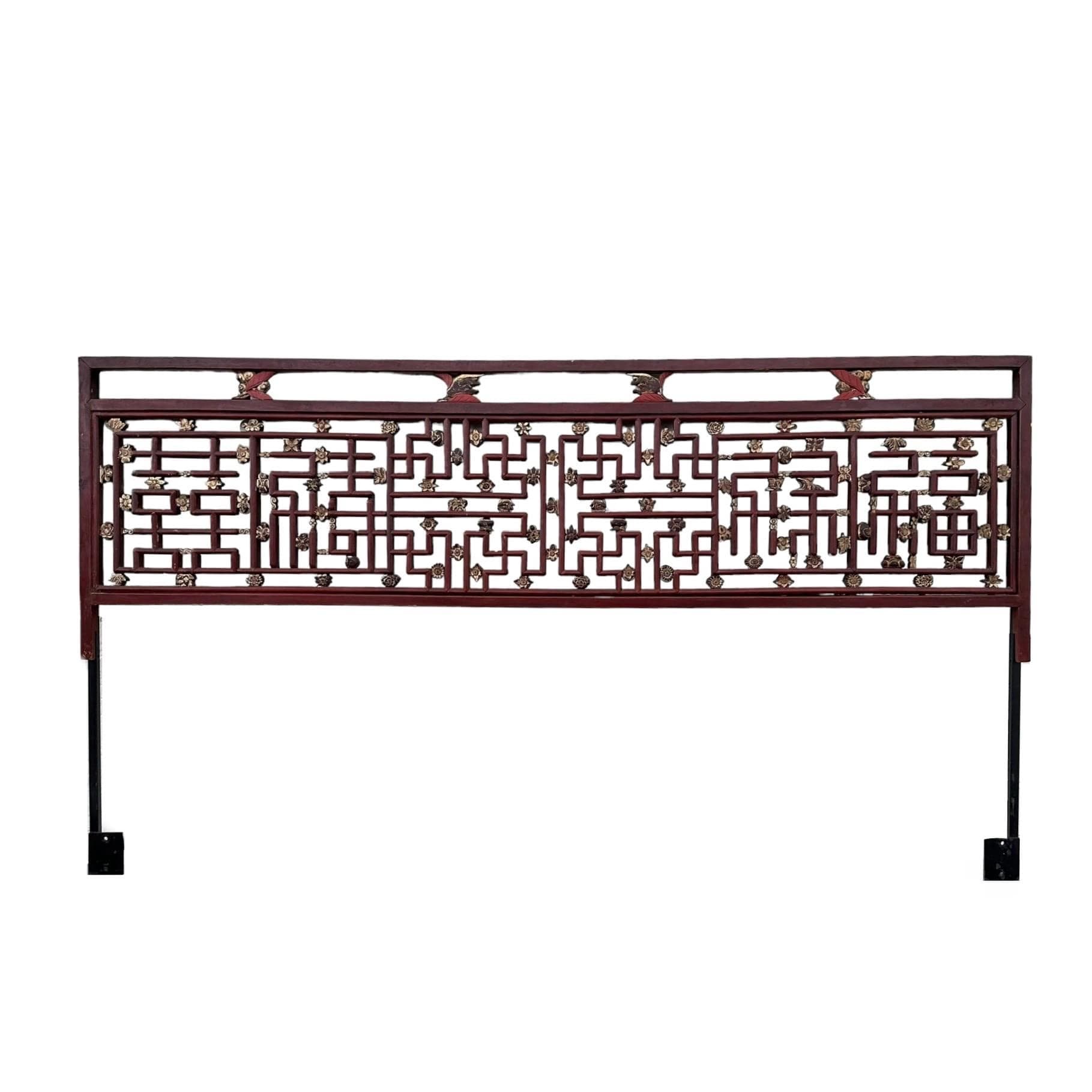 Vintage Chinese Chippendale King Headboard with Hand Carved Wood Fretwork Floral Details in Antique Asian Red & Gold and Steel Support Frame - Image 1