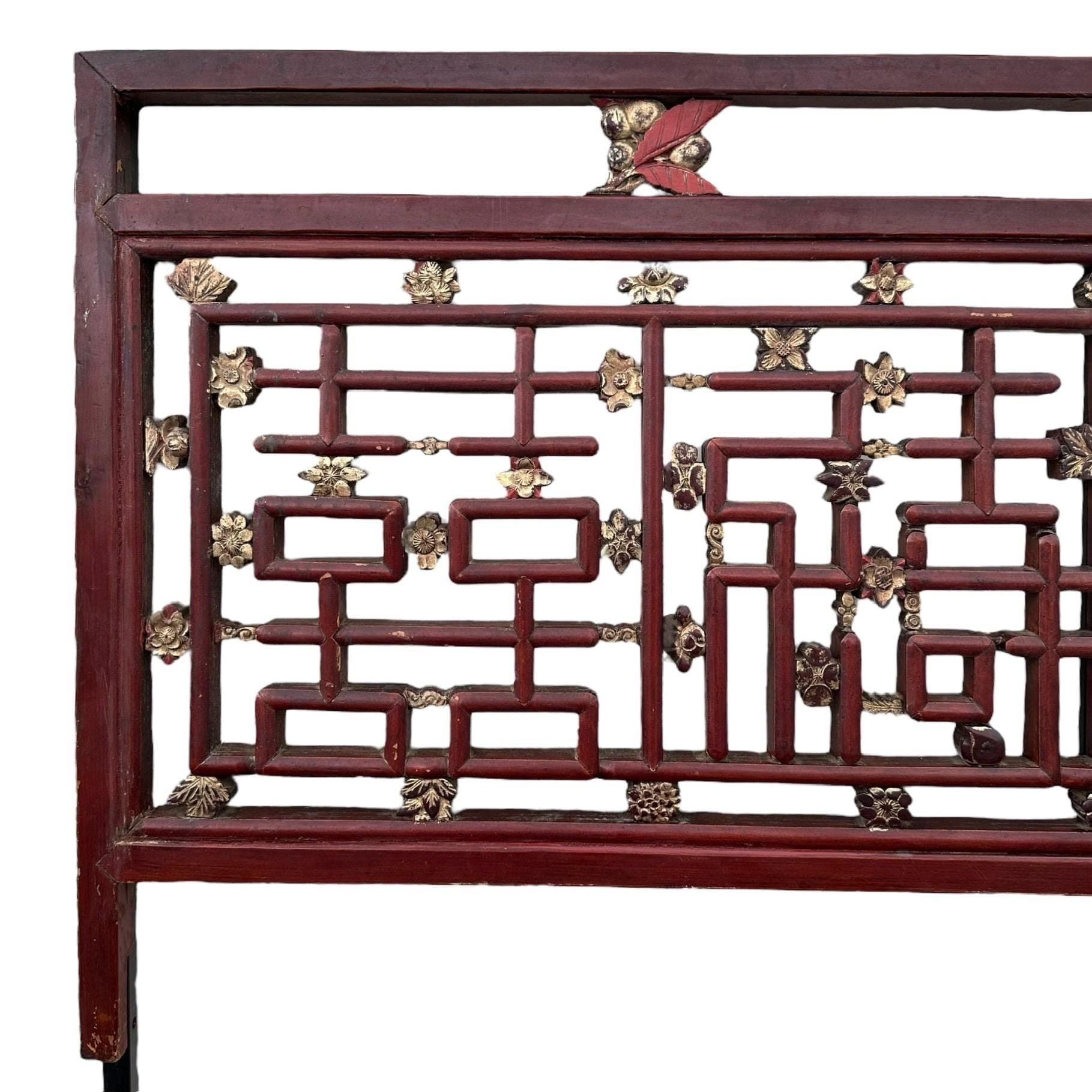 Vintage Chinese Chippendale King Headboard with Hand Carved Wood Fretwork Floral Details in Antique Asian Red & Gold and Steel Support Frame - Thumbnail 2