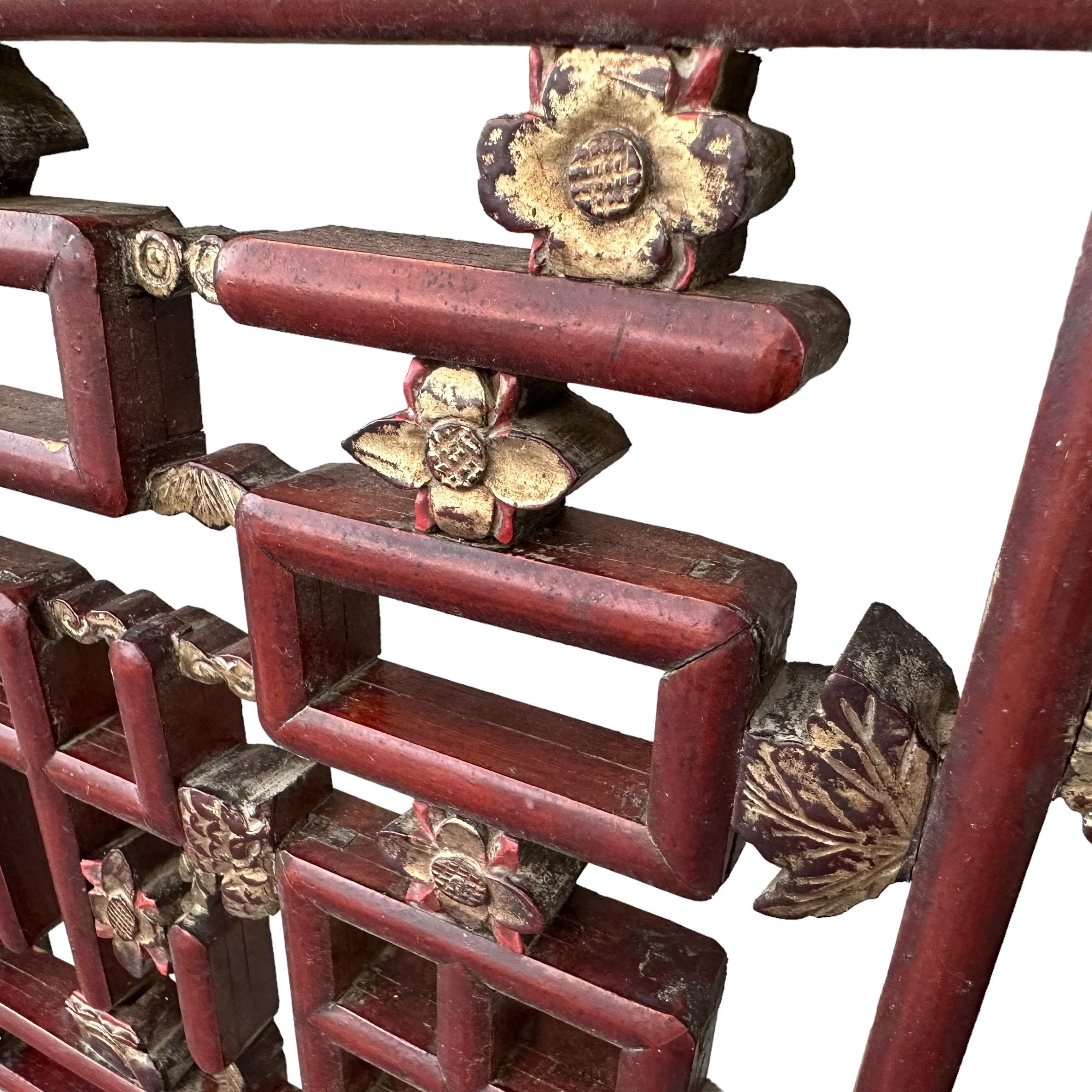 Vintage Chinese Chippendale King Headboard with Hand Carved Wood Fretwork Floral Details in Antique Asian Red & Gold and Steel Support Frame - Thumbnail 5