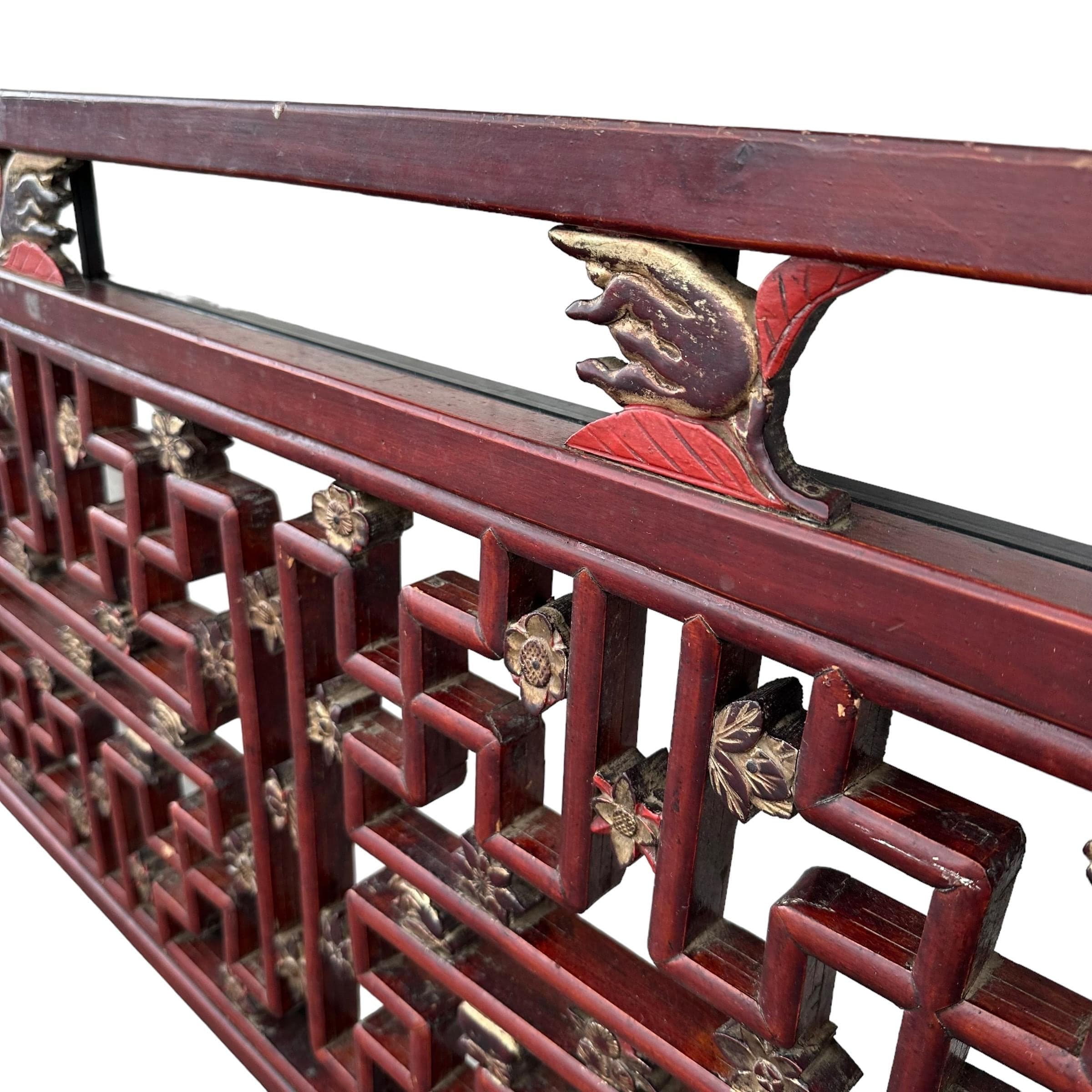 Vintage Chinese Chippendale King Headboard with Hand Carved Wood Fretwork Floral Details in Antique Asian Red & Gold and Steel Support Frame - Thumbnail 4