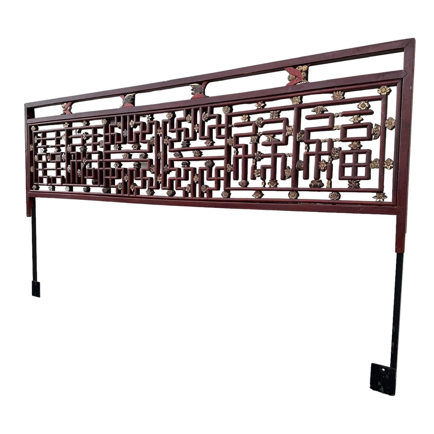 Vintage Chinese Chippendale King Headboard with Hand Carved Wood Fretwork Floral Details in Antique Asian Red & Gold and Steel Support Frame - Thumbnail 10