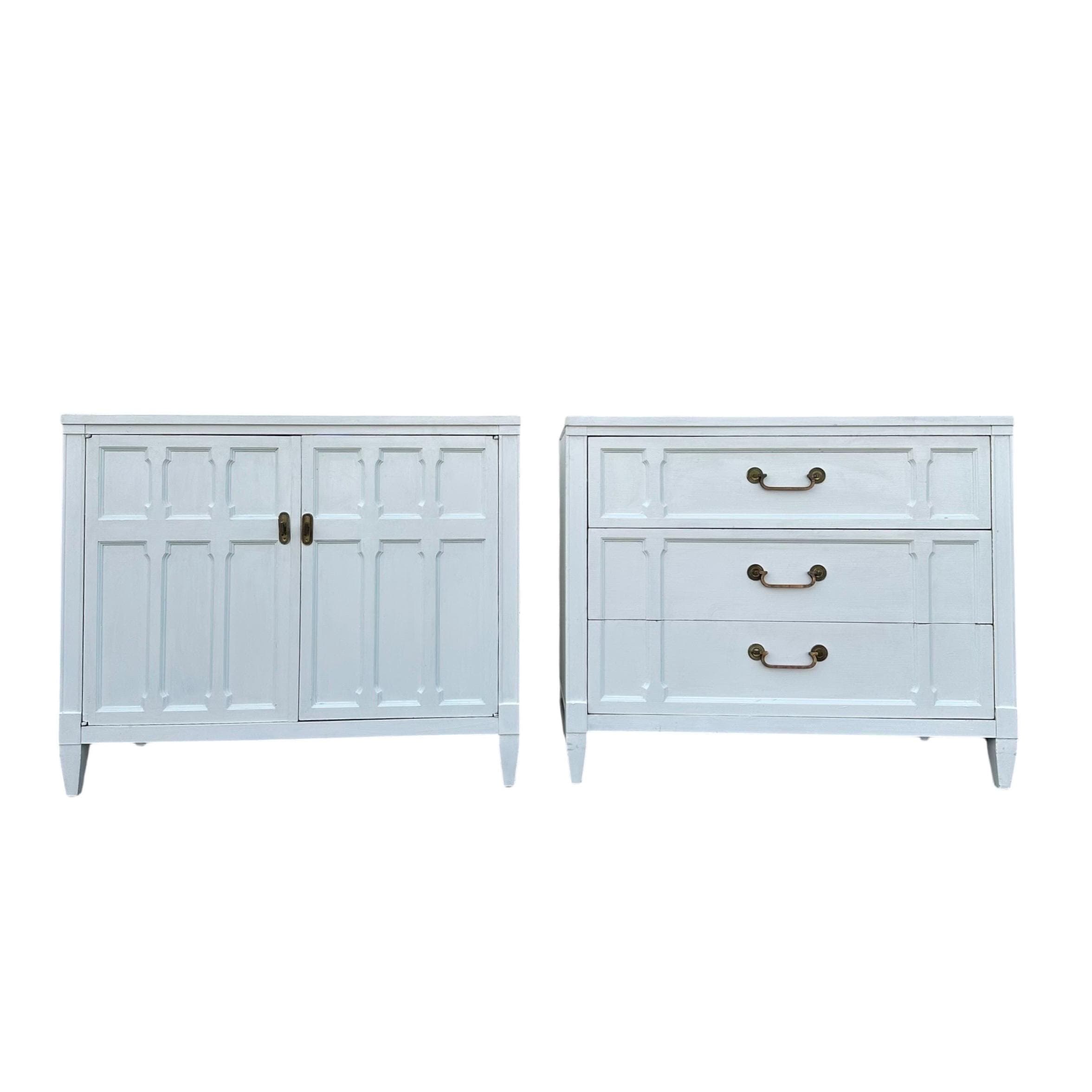 Large Nightstands 30" Tall x 36' Wide by Drexel Triune - Set of 2 Vintage 1960s Midcentury White Bedside Commode Chest Server Cabinets Pair - Image 1