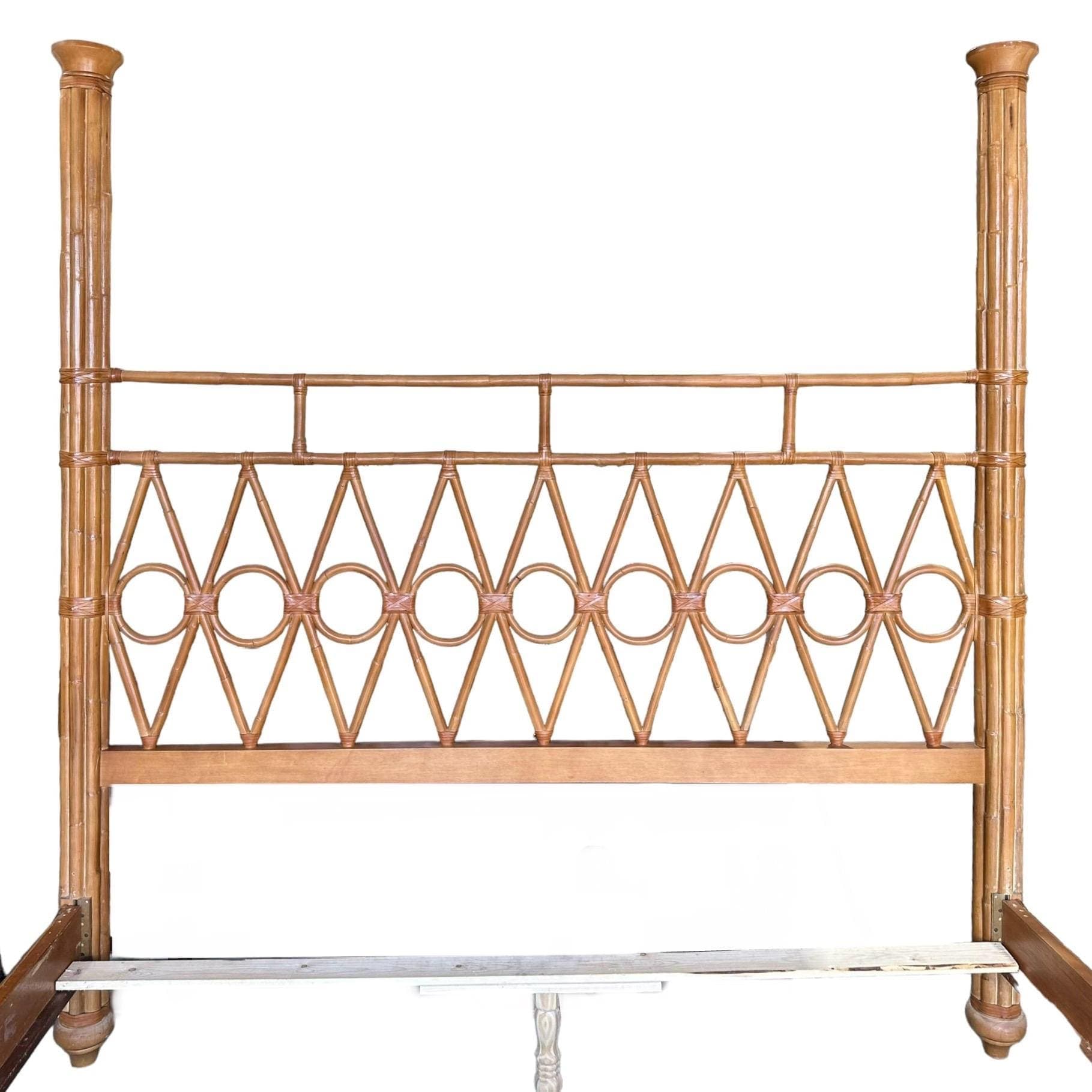 Rattan King Bed with Bamboo Wood Posts - 4 Poster Headboard & Footboard Coastal Chippendale Hollywood Regency Tommy Bahama Style Furniture - Thumbnail 2