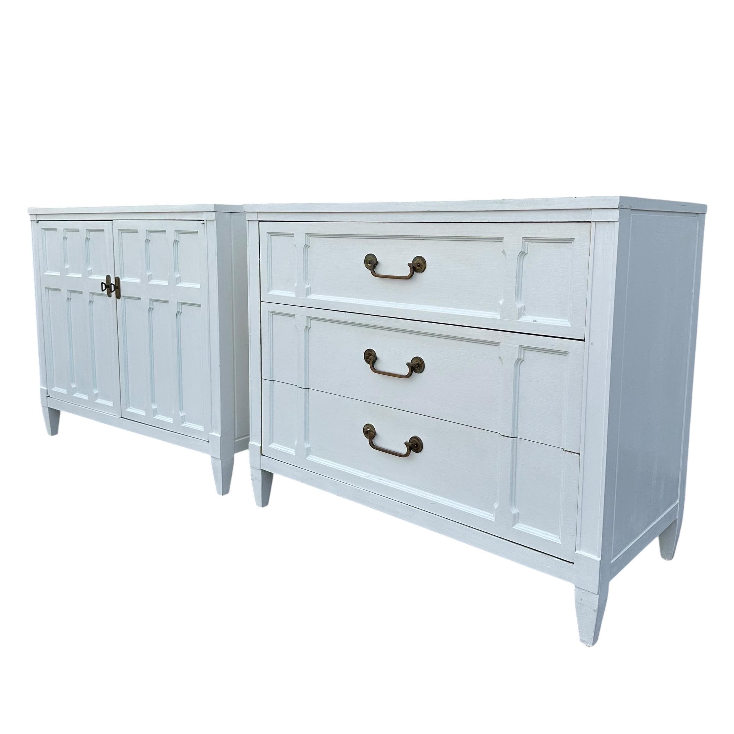 Large Nightstands 30" Tall x 36' Wide by Drexel Triune - Set of 2 Vintage 1960s Midcentury White Bedside Commode Chest Server Cabinets Pair - Thumbnail 2