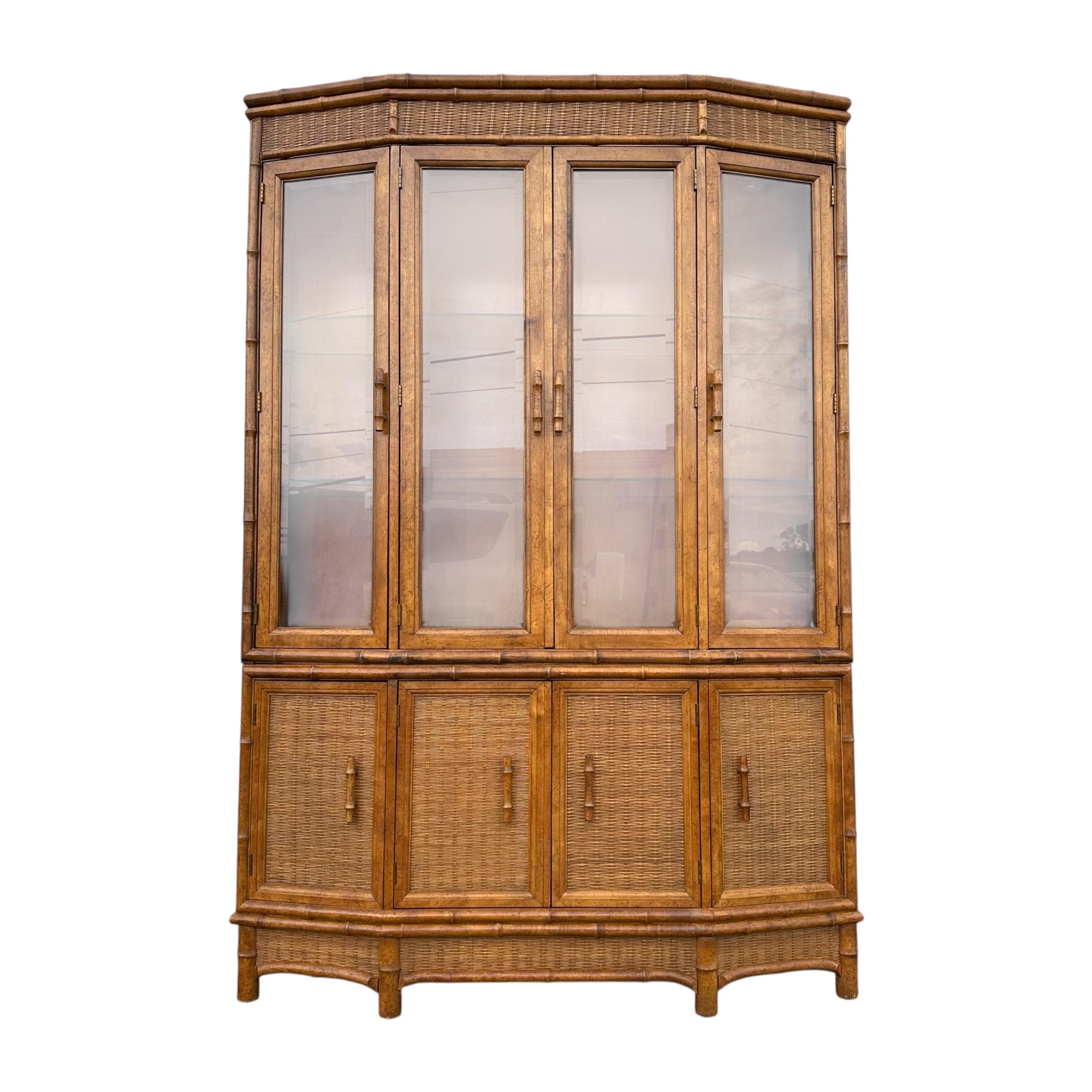 Rattan China Cabinet by American of Martinsville - Vintage Faux Bamboo Wood & Wicker Hutch - Lighted Glass Display Case