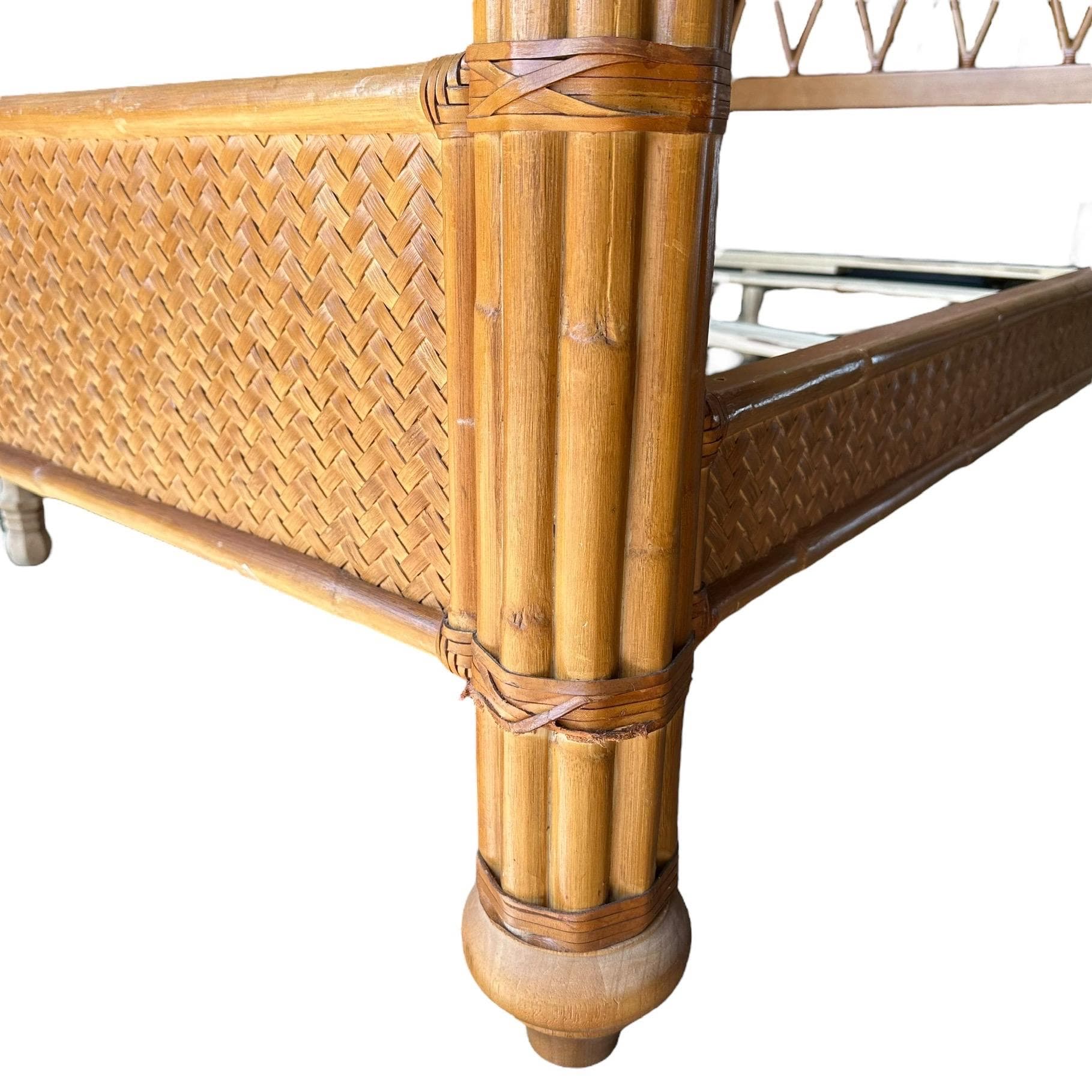Rattan King Bed with Bamboo Wood Posts - 4 Poster Headboard & Footboard Coastal Chippendale Hollywood Regency Tommy Bahama Style Furniture - Thumbnail 6