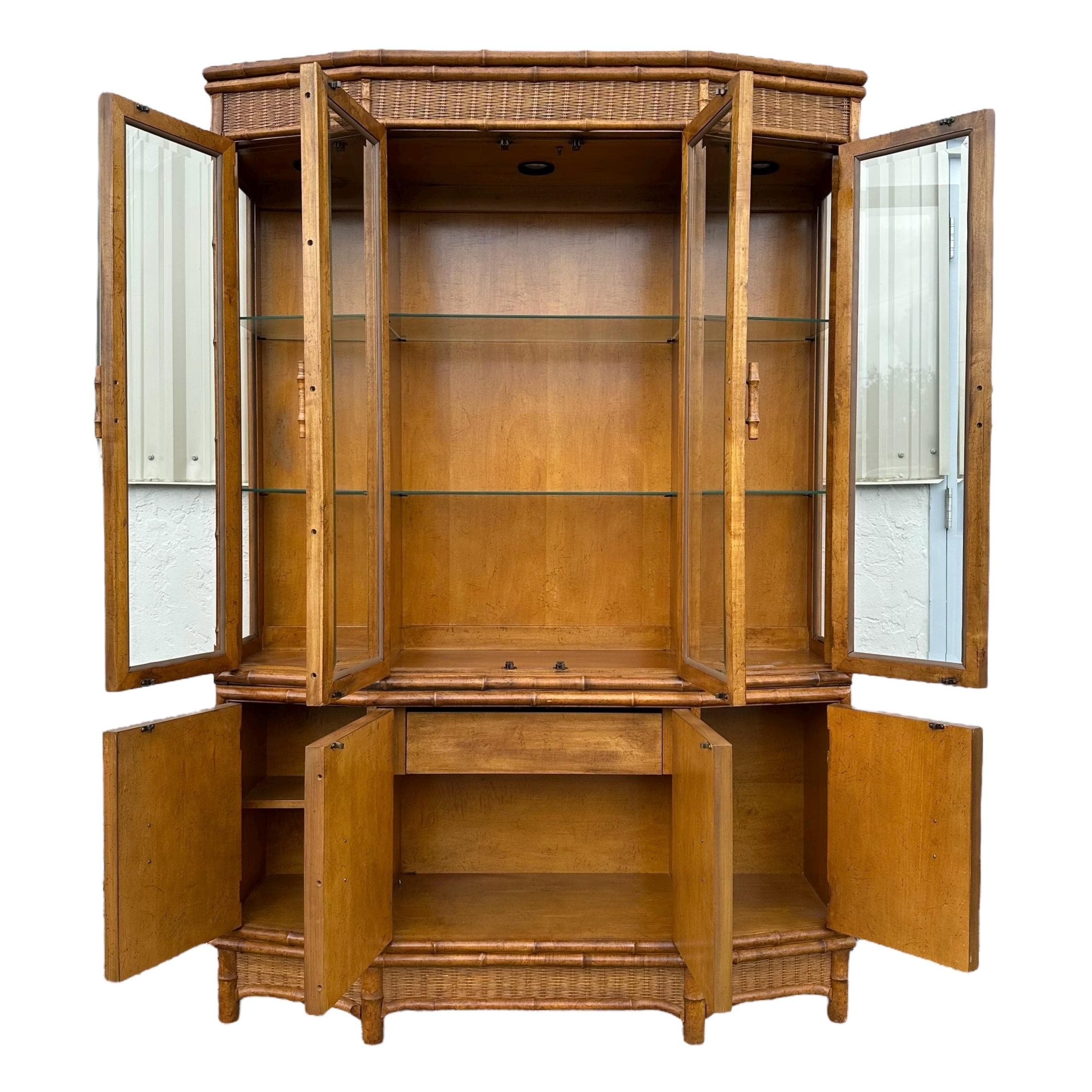 Rattan China Cabinet by American of Martinsville - Vintage Faux Bamboo Wood & Wicker Hutch - Lighted Glass Display Case - Thumbnail 2