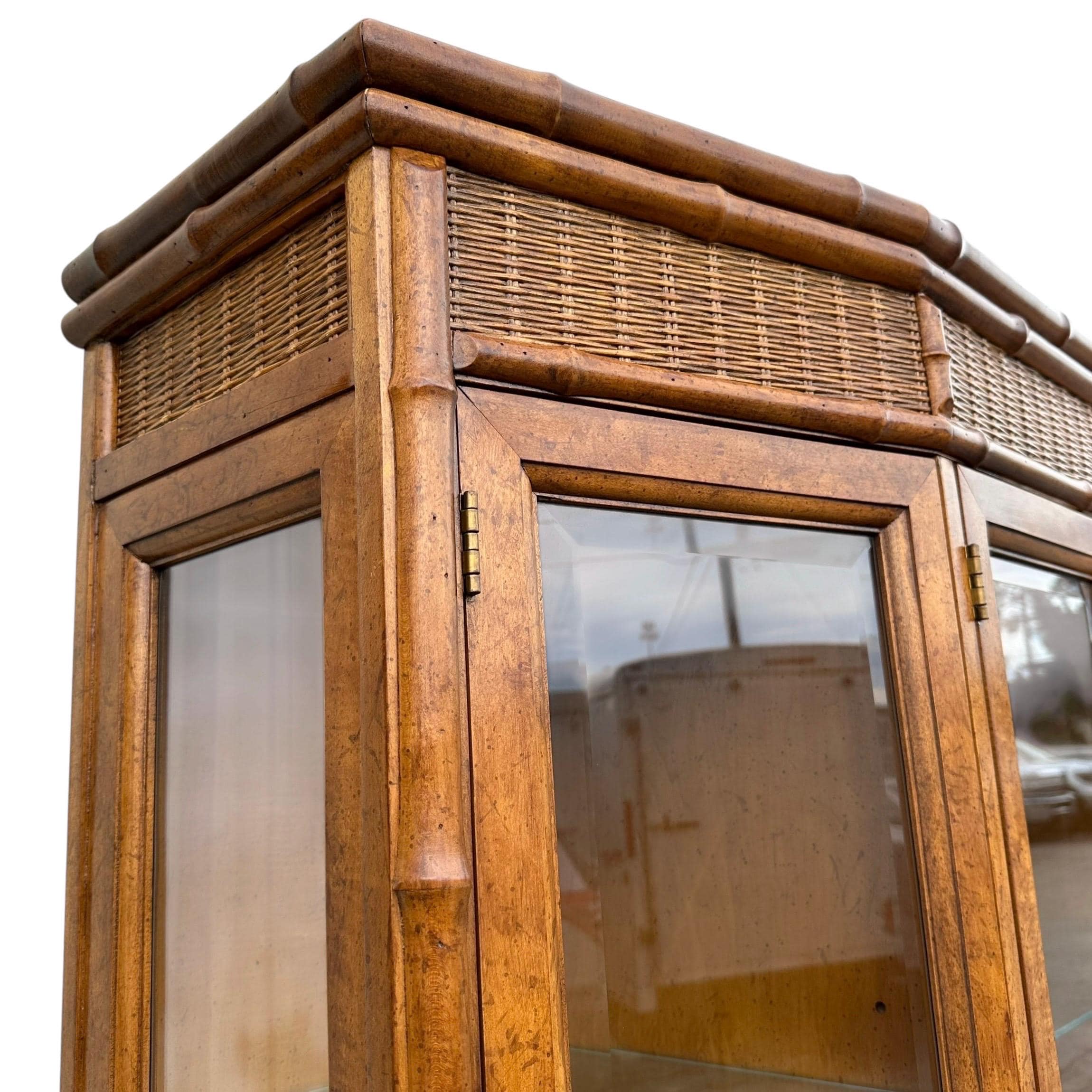 Rattan China Cabinet by American of Martinsville - Vintage Faux Bamboo Wood & Wicker Hutch - Lighted Glass Display Case - Thumbnail 3