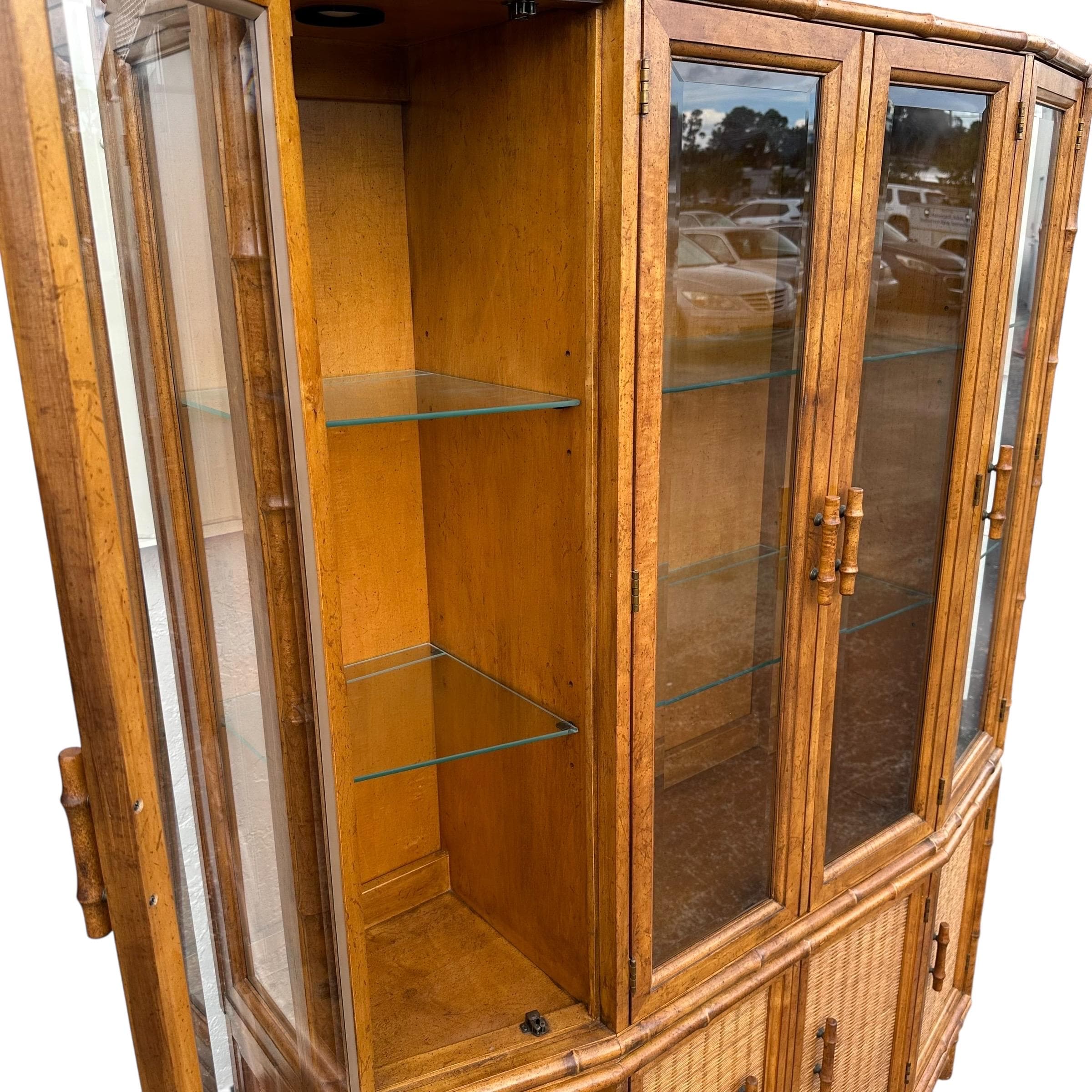 Rattan China Cabinet by American of Martinsville - Vintage Faux Bamboo Wood & Wicker Hutch - Lighted Glass Display Case - Thumbnail 4