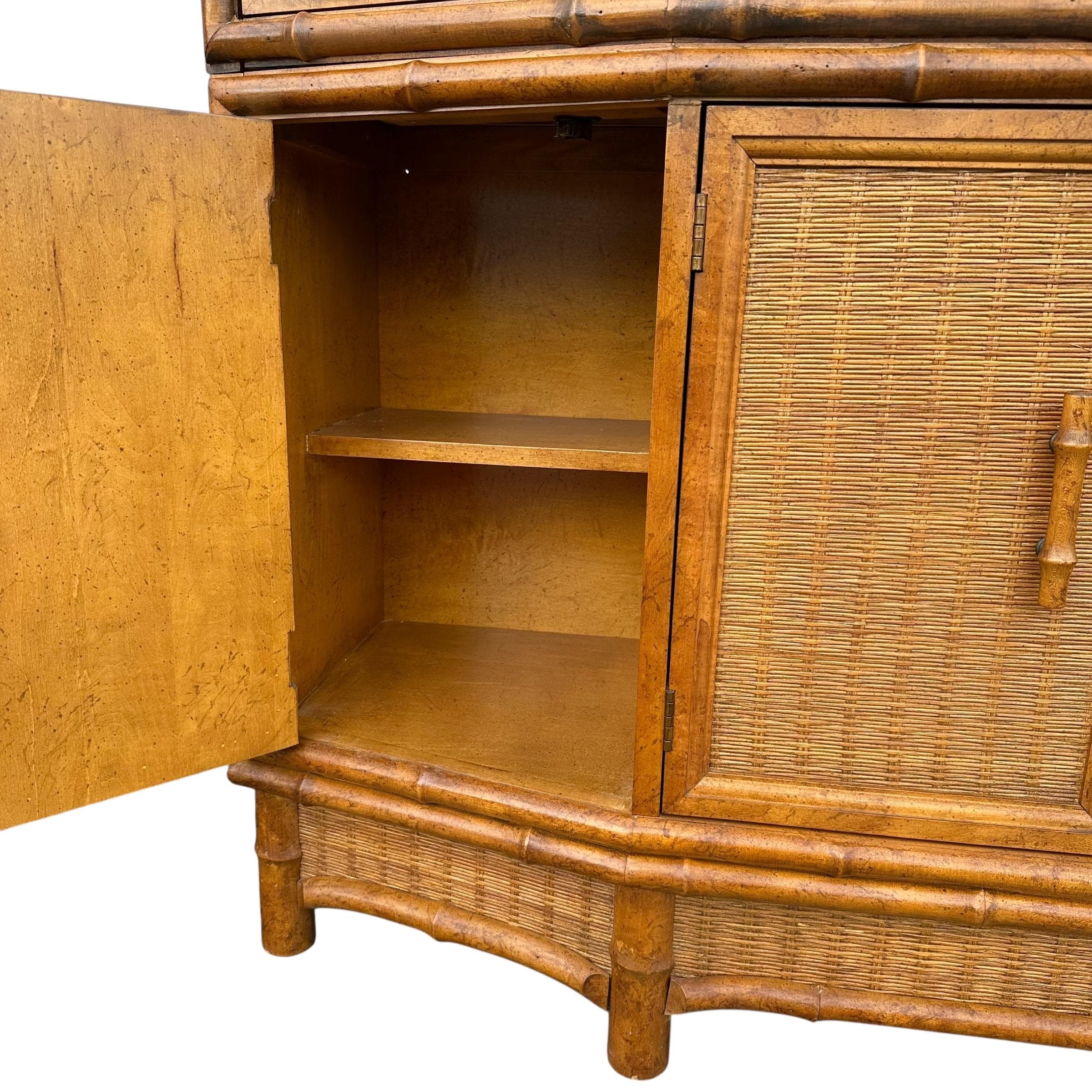 Rattan China Cabinet by American of Martinsville - Vintage Faux Bamboo Wood & Wicker Hutch - Lighted Glass Display Case - Thumbnail 7