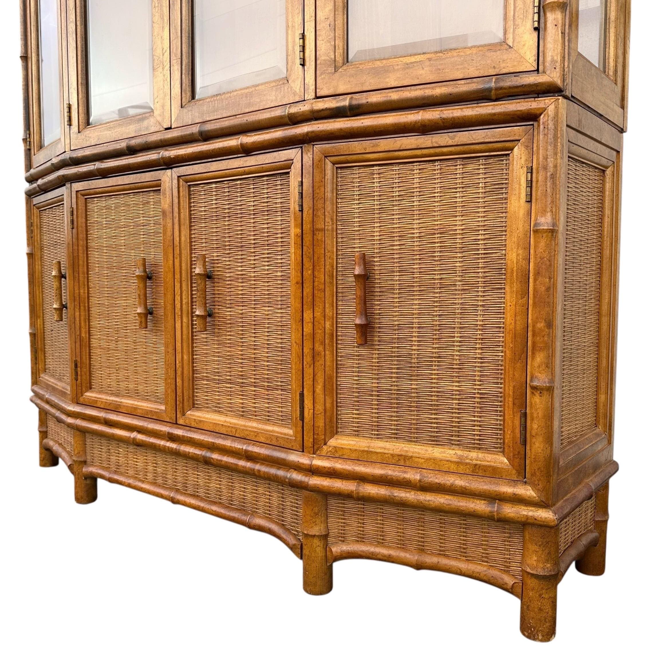 Rattan China Cabinet by American of Martinsville - Vintage Faux Bamboo Wood & Wicker Hutch - Lighted Glass Display Case - Thumbnail 10