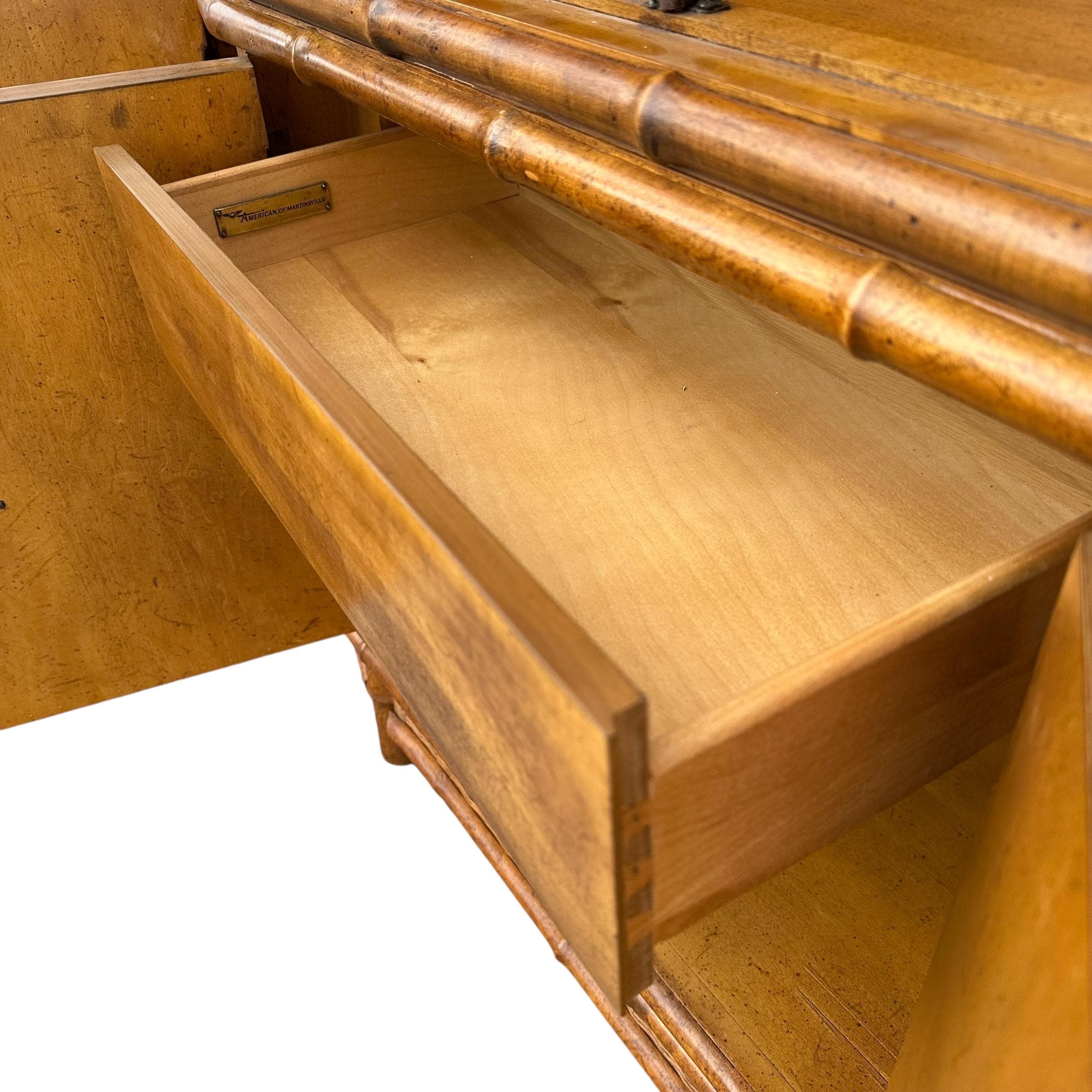 Rattan China Cabinet by American of Martinsville - Vintage Faux Bamboo Wood & Wicker Hutch - Lighted Glass Display Case - Thumbnail 8