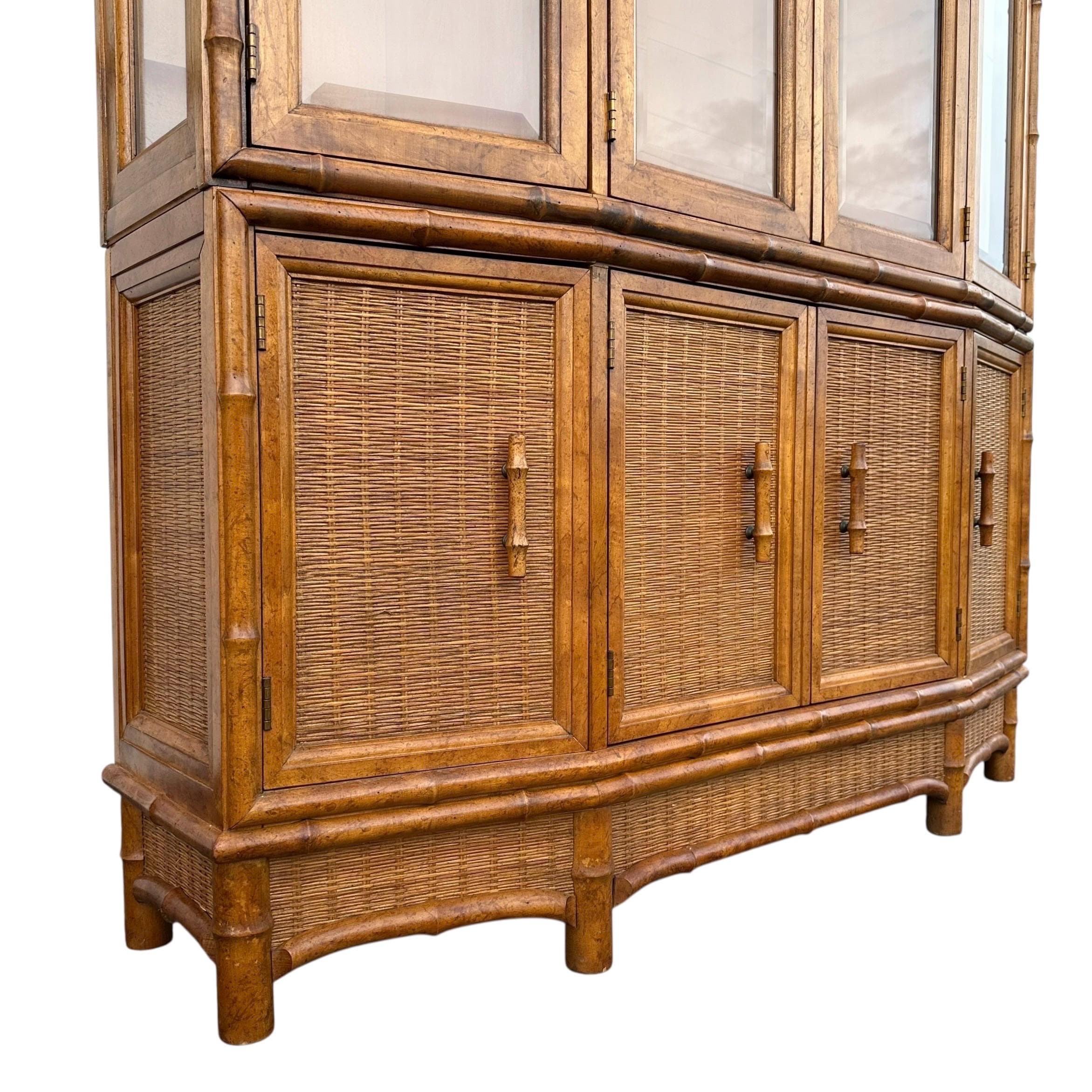 Rattan China Cabinet by American of Martinsville - Vintage Faux Bamboo Wood & Wicker Hutch - Lighted Glass Display Case - Thumbnail 9