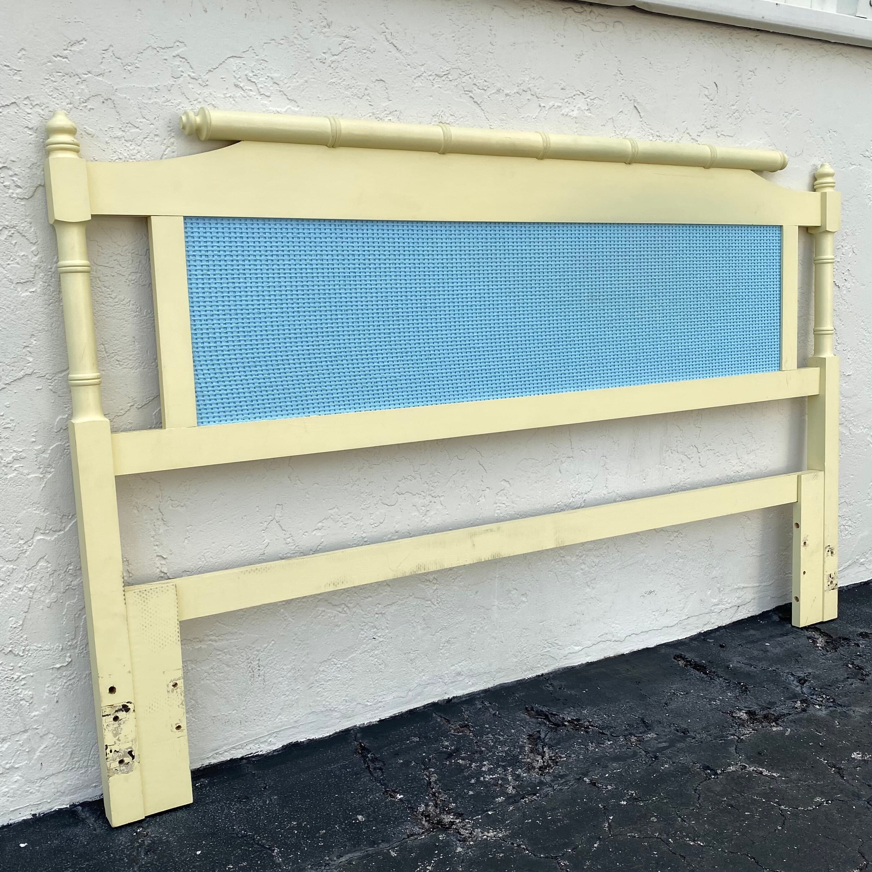 Faux Bamboo Queen Headboard - Vintage Coastal Yellow & Blue Bedroom Furniture - Thumbnail 2