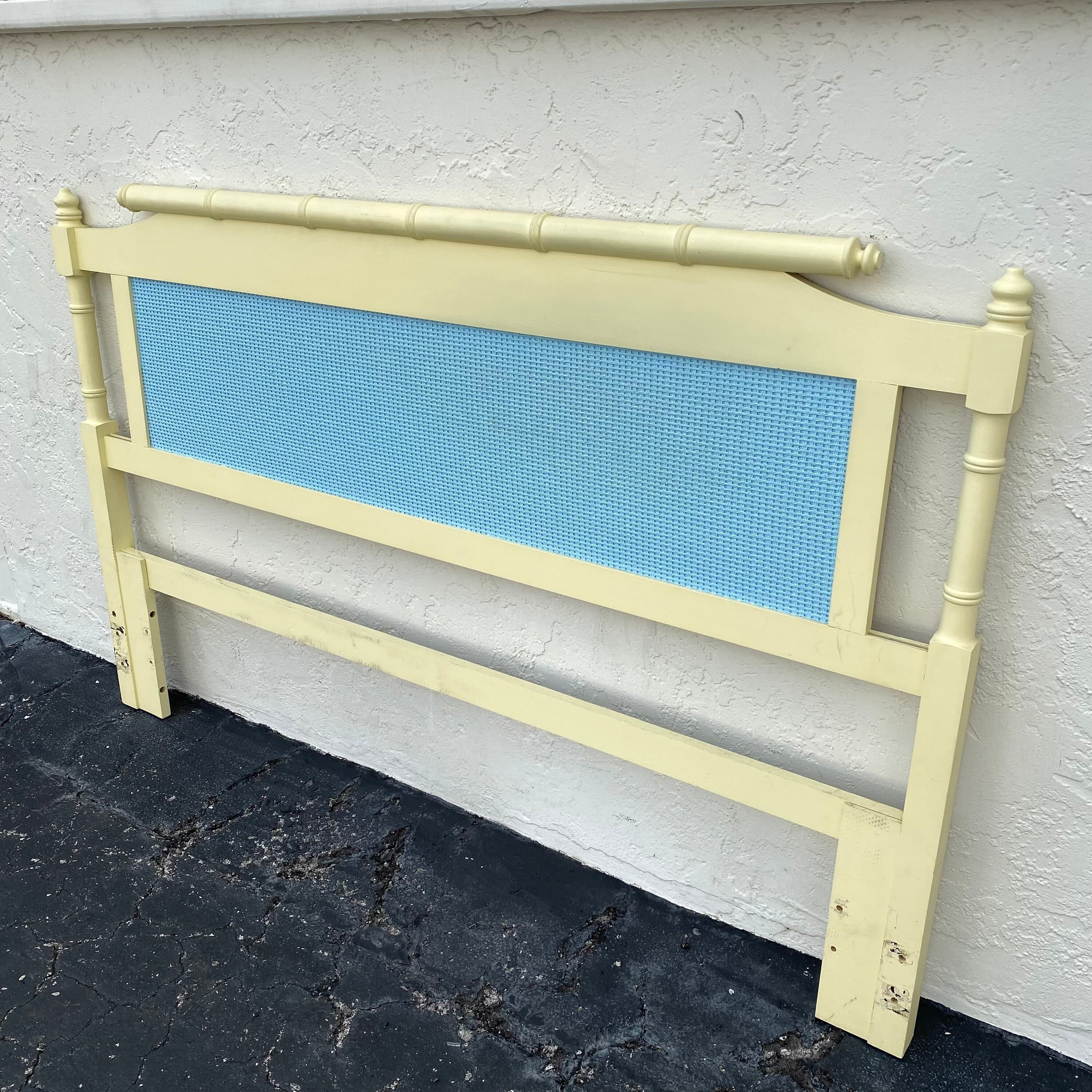 Faux Bamboo Queen Headboard - Vintage Coastal Yellow & Blue Bedroom Furniture - Thumbnail 6