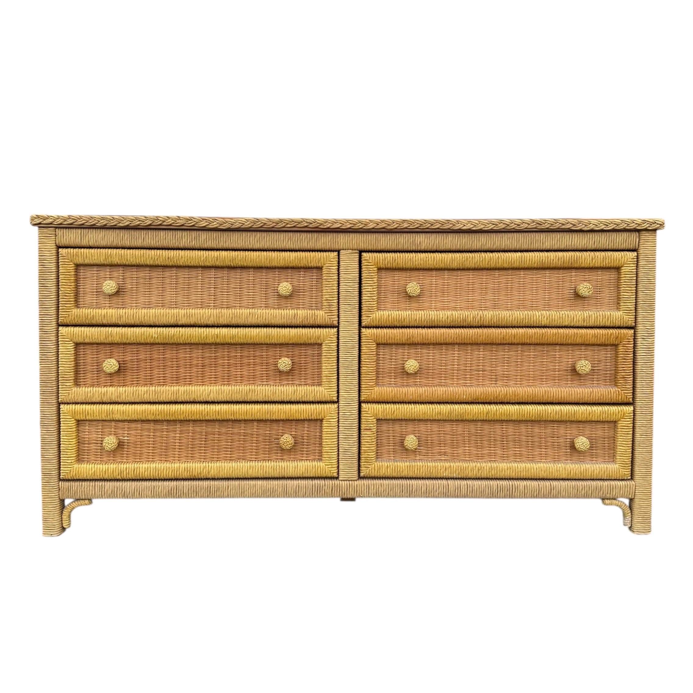 Natural Wicker Dresser by Henry Link 58” Long - Vintage Lexington Wrapped Rattan Coastal Boho Chic Tropical Furniture 6 Drawer Chest Bureau - Image 1