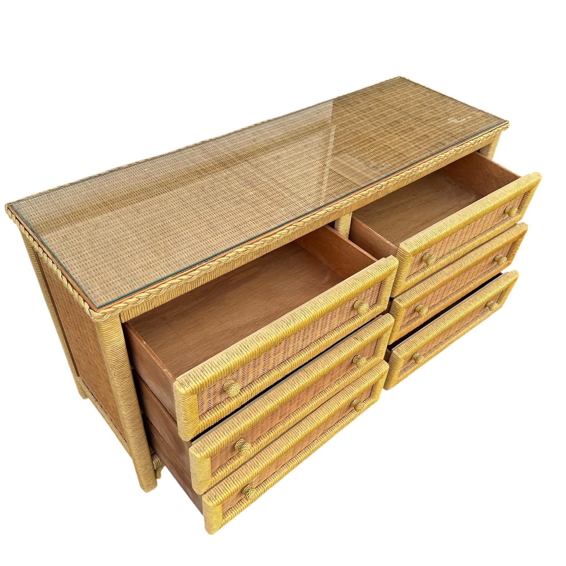 Natural Wicker Dresser by Henry Link 58” Long - Vintage Lexington Wrapped Rattan Coastal Boho Chic Tropical Furniture 6 Drawer Chest Bureau - Thumbnail 4