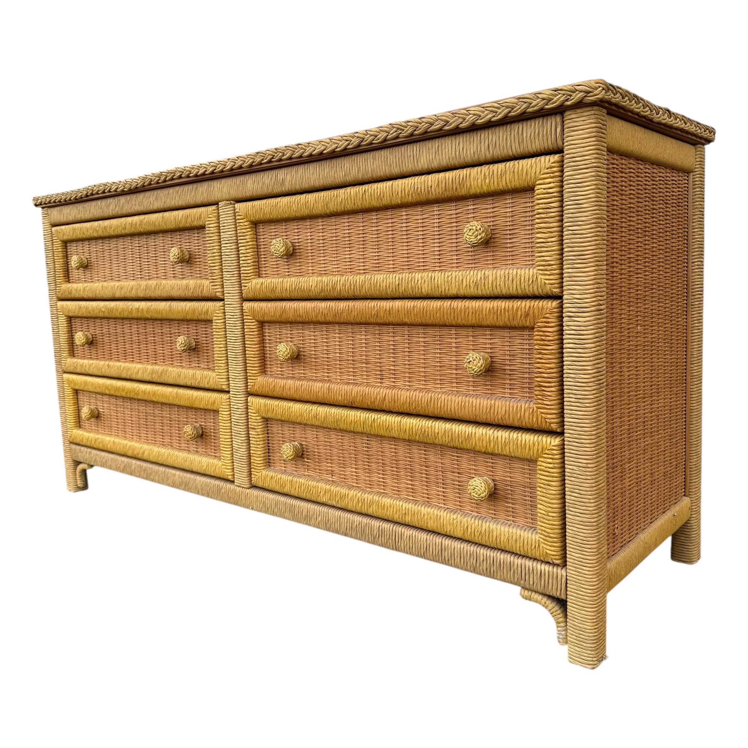 Natural Wicker Dresser by Henry Link 58” Long - Vintage Lexington Wrapped Rattan Coastal Boho Chic Tropical Furniture 6 Drawer Chest Bureau - Thumbnail 10