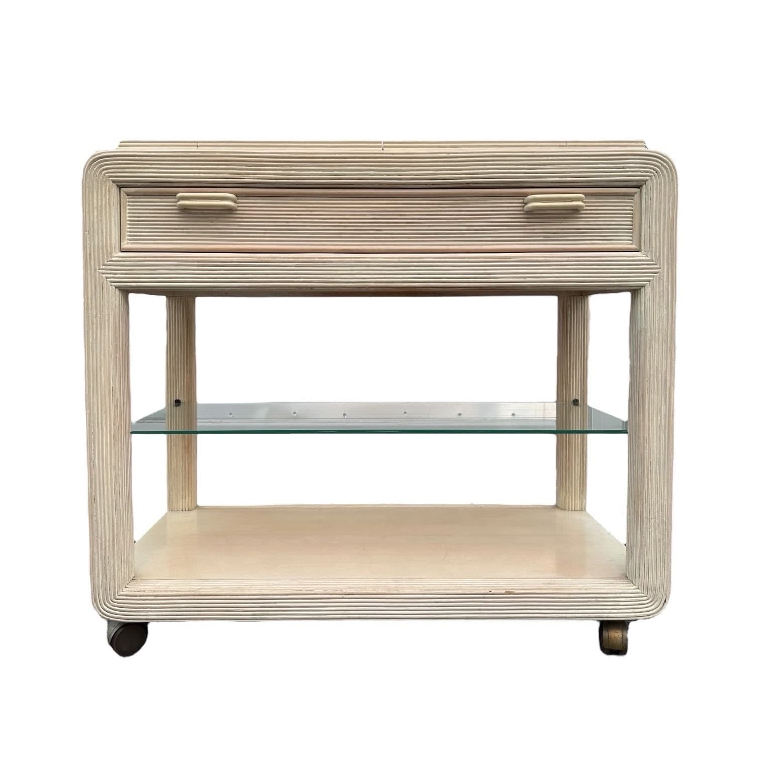 Pencil Reed Server by American Drew with Expanding Table Top & White Wash Wood - Vintage Hollywood Regency Coastal Rattan Rolling Bar Cart - Image 1