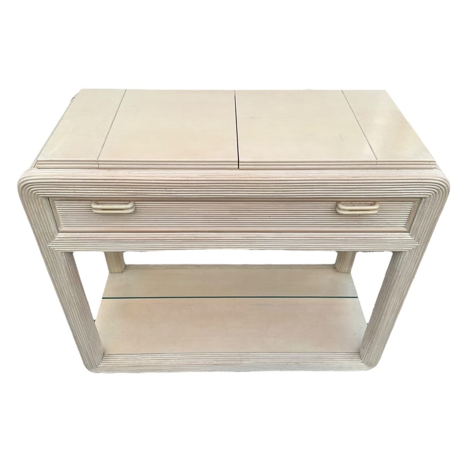 Pencil Reed Server by American Drew with Expanding Table Top & White Wash Wood - Vintage Hollywood Regency Coastal Rattan Rolling Bar Cart - Thumbnail 2