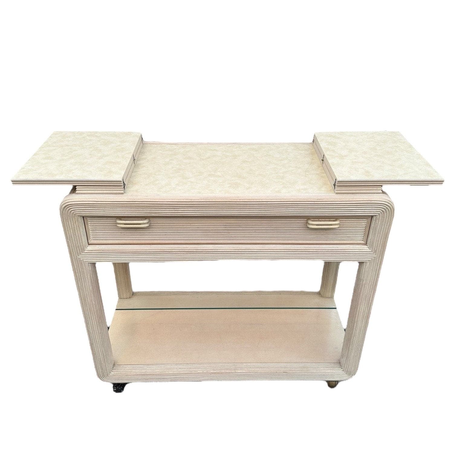 Pencil Reed Server by American Drew with Expanding Table Top & White Wash Wood - Vintage Hollywood Regency Coastal Rattan Rolling Bar Cart - Thumbnail 3