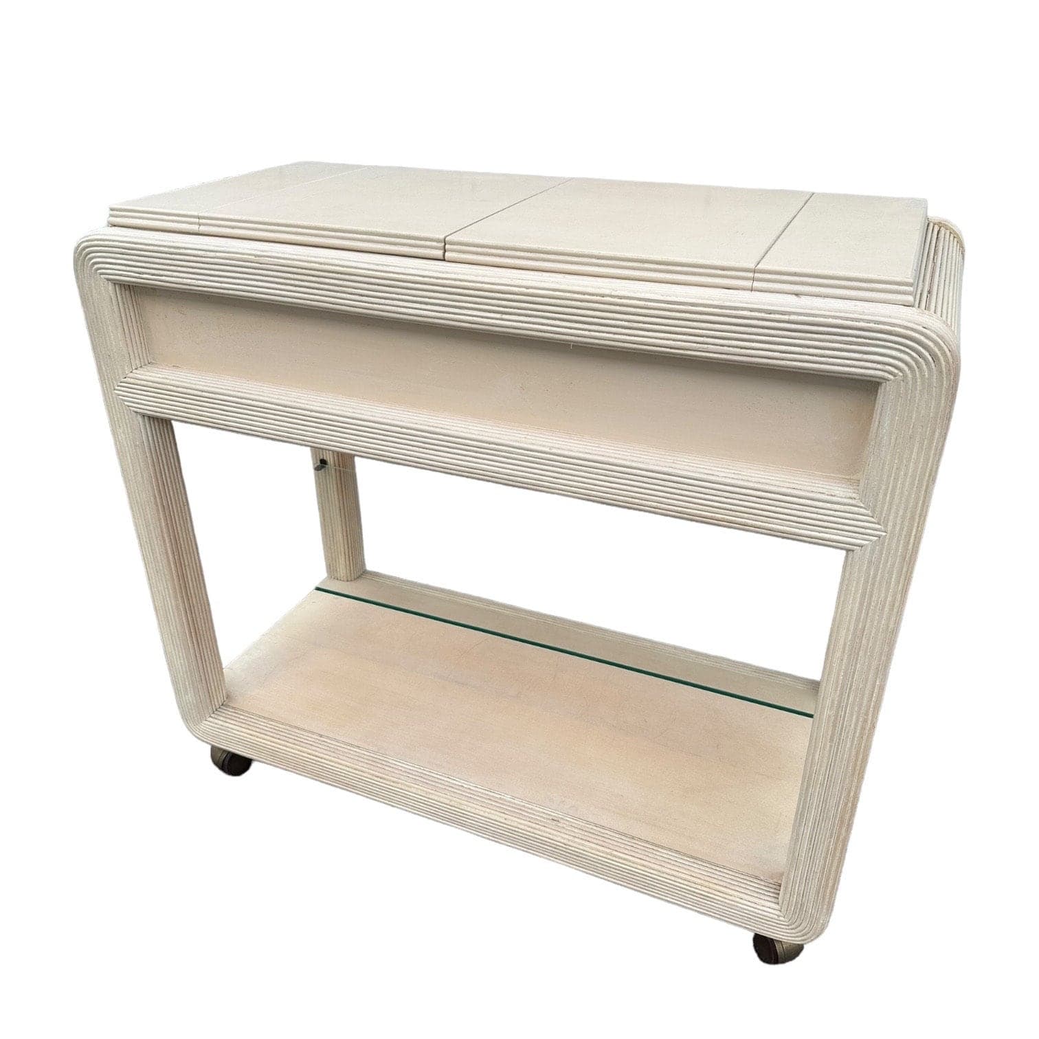 Pencil Reed Server by American Drew with Expanding Table Top & White Wash Wood - Vintage Hollywood Regency Coastal Rattan Rolling Bar Cart - Thumbnail 8