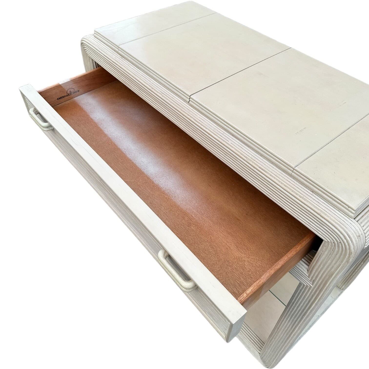 Pencil Reed Server by American Drew with Expanding Table Top & White Wash Wood - Vintage Hollywood Regency Coastal Rattan Rolling Bar Cart - Thumbnail 6