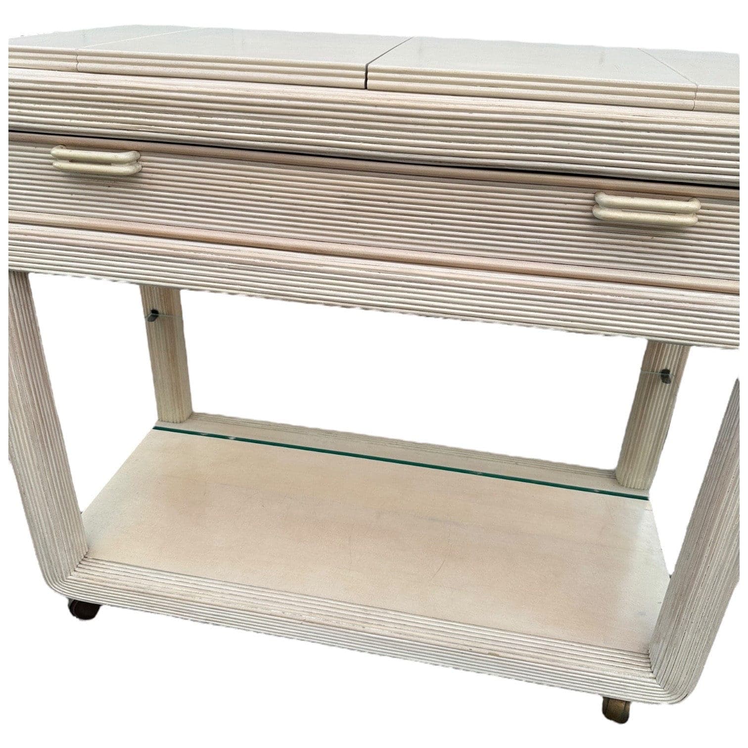 Pencil Reed Server by American Drew with Expanding Table Top & White Wash Wood - Vintage Hollywood Regency Coastal Rattan Rolling Bar Cart - Thumbnail 7