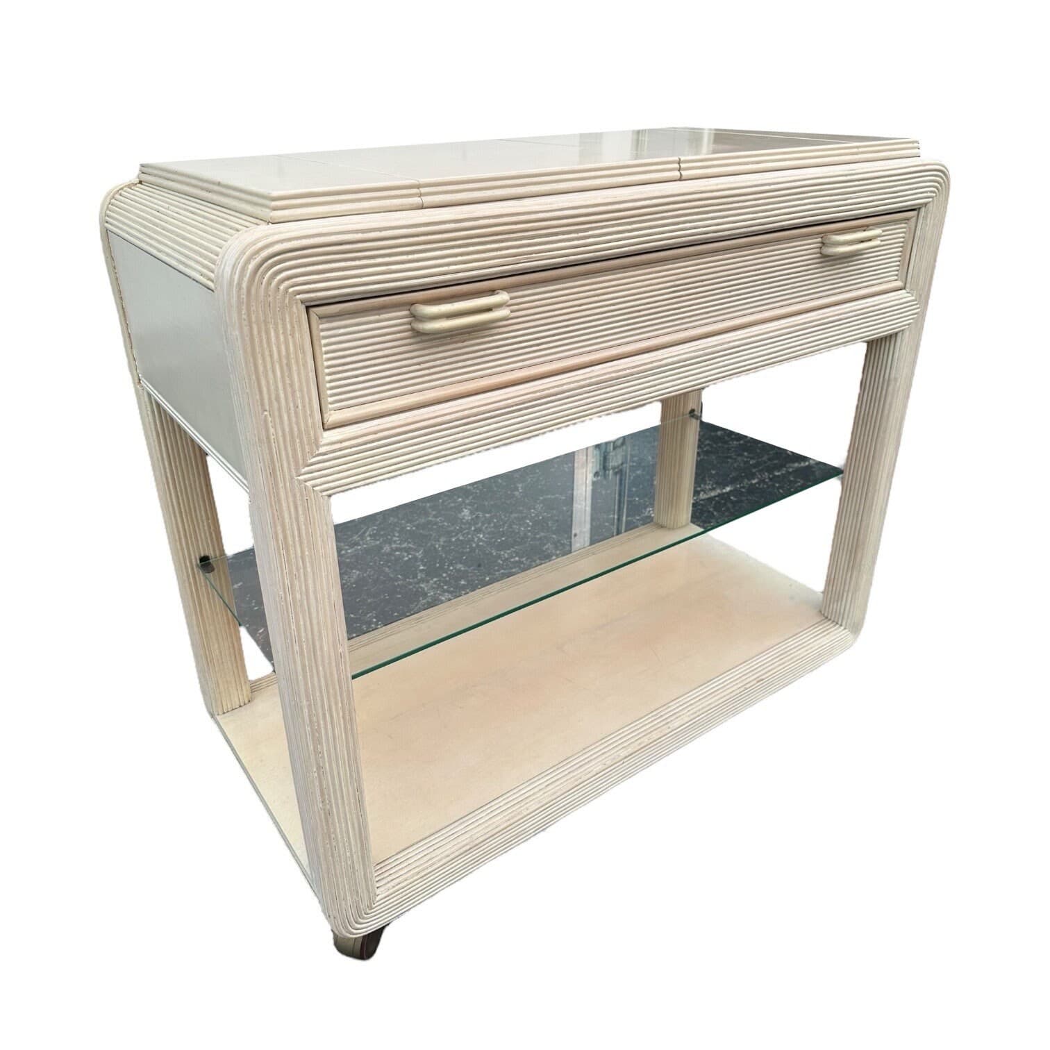 Pencil Reed Server by American Drew with Expanding Table Top & White Wash Wood - Vintage Hollywood Regency Coastal Rattan Rolling Bar Cart - Thumbnail 5