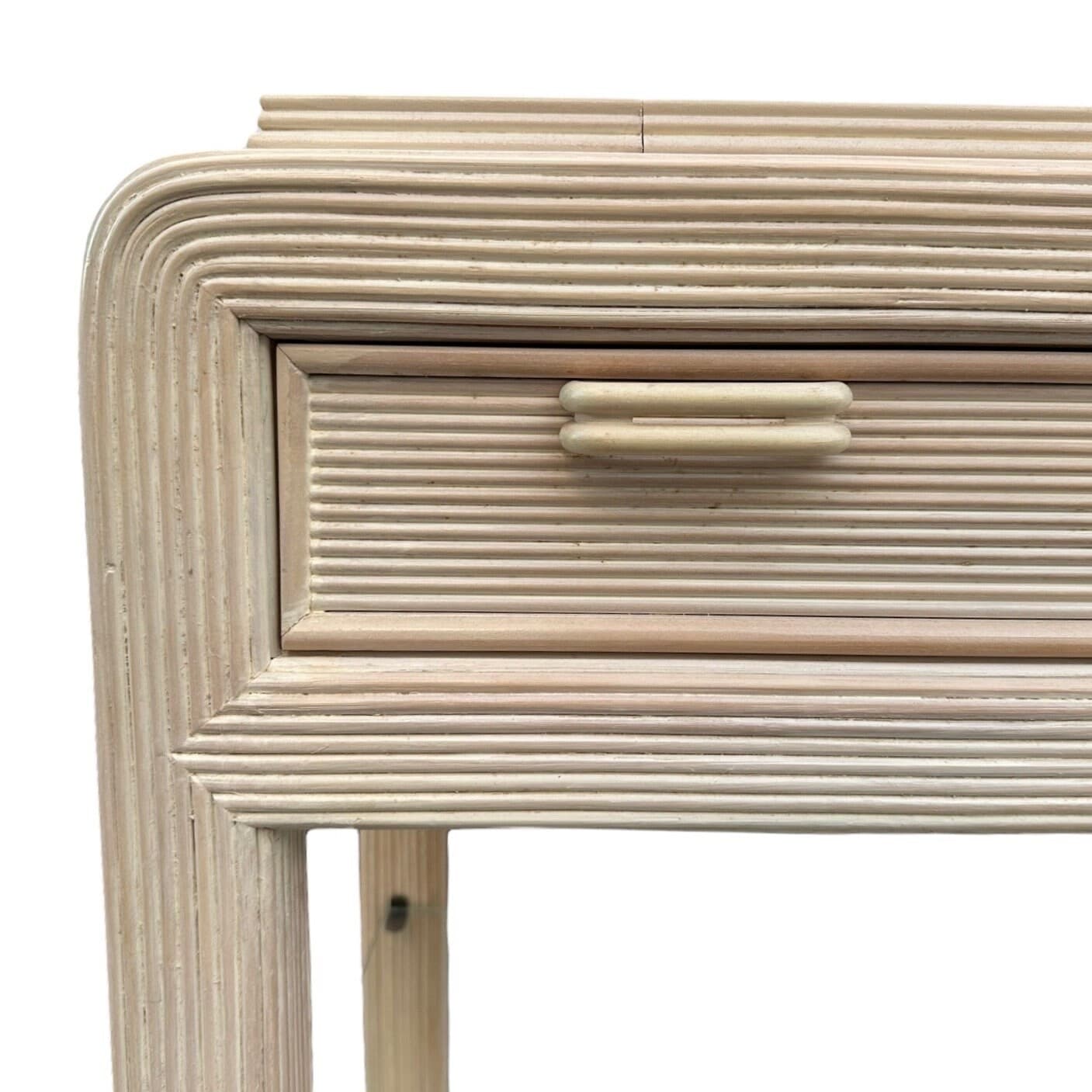 Pencil Reed Server by American Drew with Expanding Table Top & White Wash Wood - Vintage Hollywood Regency Coastal Rattan Rolling Bar Cart - Thumbnail 4