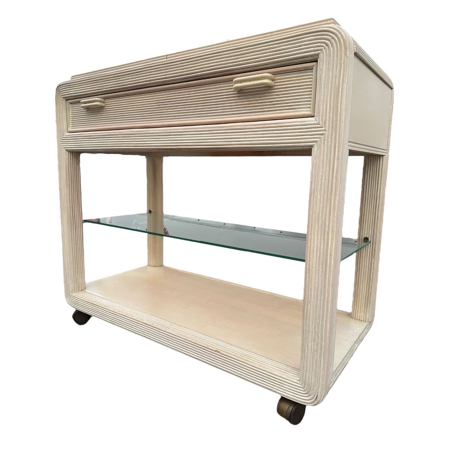 Pencil Reed Server by American Drew with Expanding Table Top & White Wash Wood - Vintage Hollywood Regency Coastal Rattan Rolling Bar Cart - Thumbnail 9