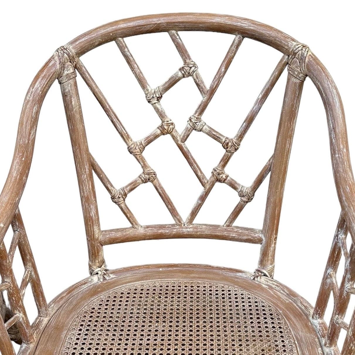 Set of 4 Rattan Arm Chairs with Chinese Chippendale Backs & Cane Seats - Vintage Chinoiserie White Wash Faux Bamboo Wood Hollywood Regency - Thumbnail 3