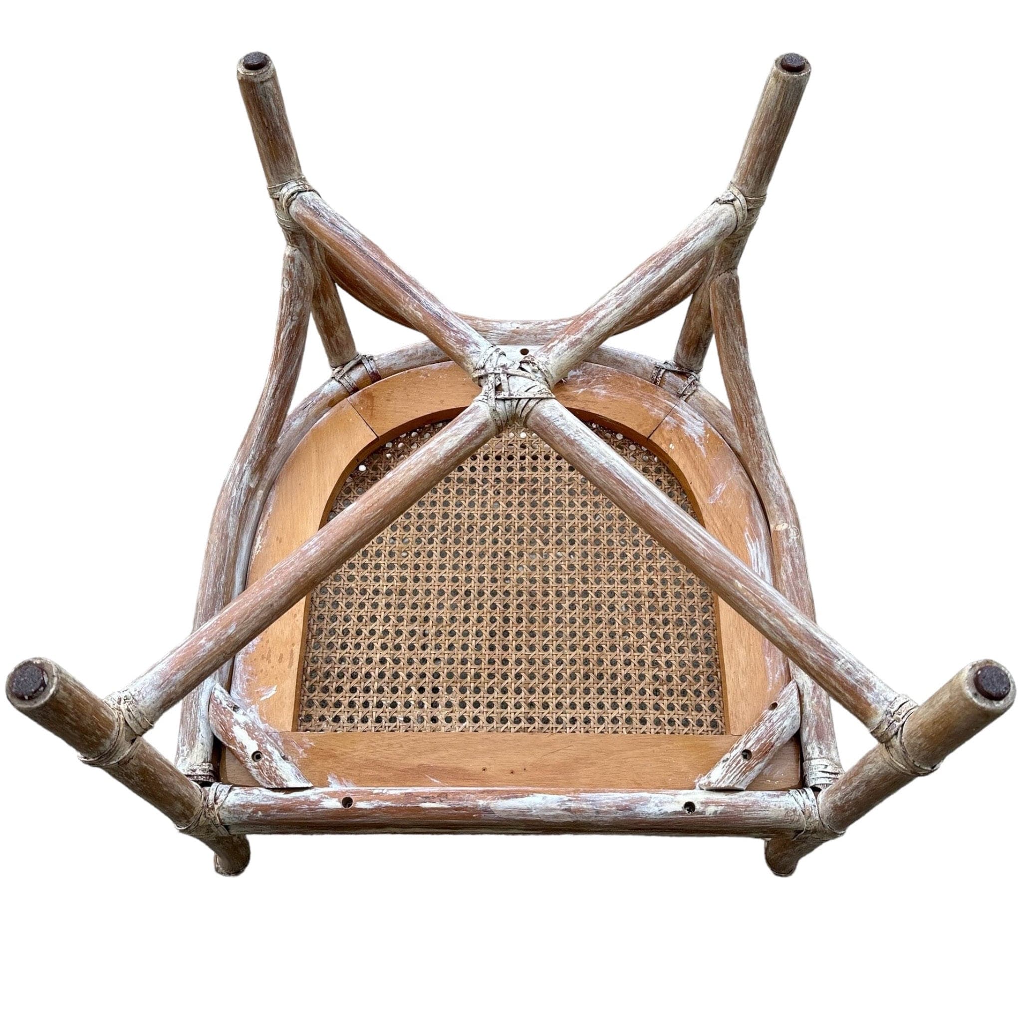 Set of 4 Rattan Arm Chairs with Chinese Chippendale Backs & Cane Seats - Vintage Chinoiserie White Wash Faux Bamboo Wood Hollywood Regency - Thumbnail 6