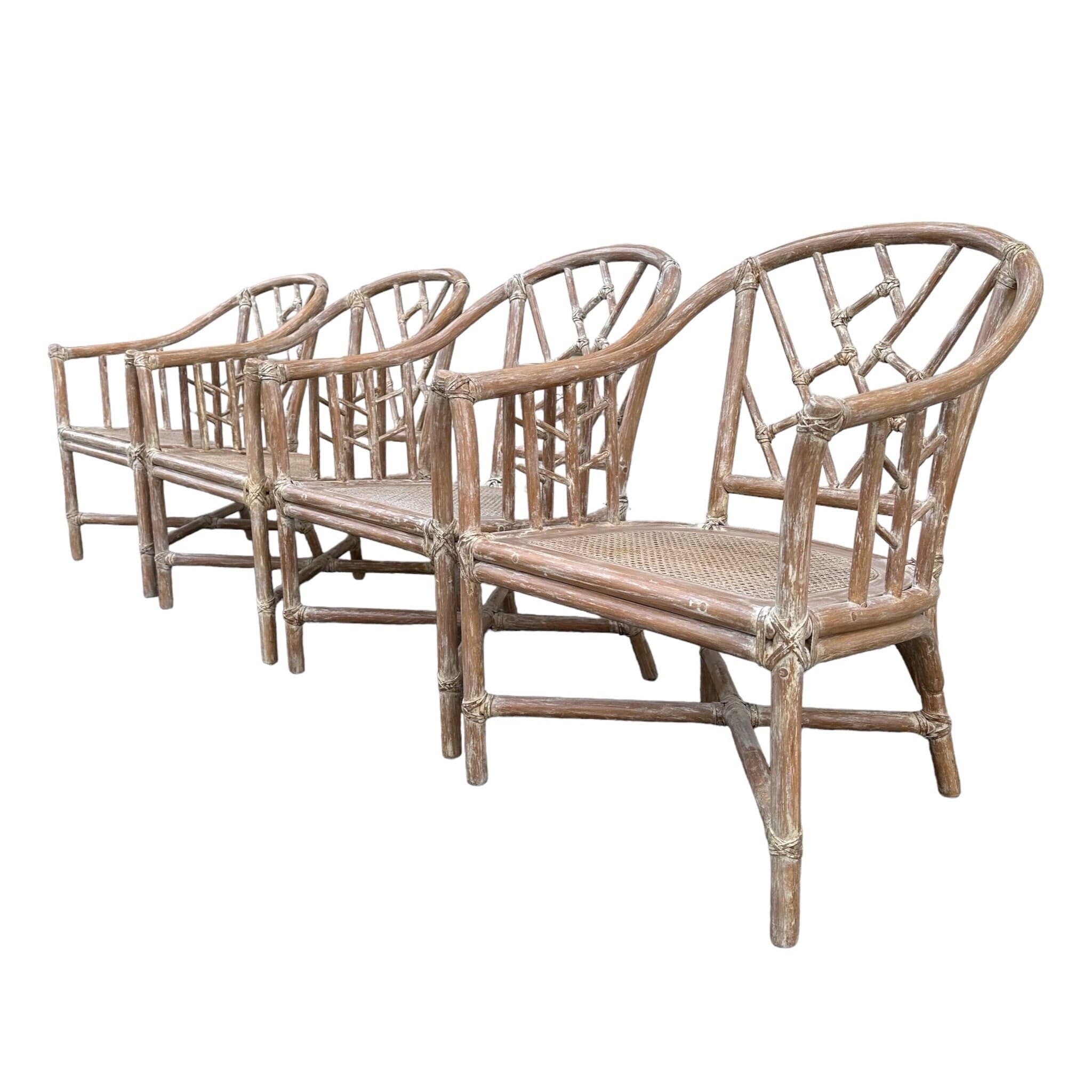 Set of 4 Rattan Arm Chairs with Chinese Chippendale Backs & Cane Seats - Vintage Chinoiserie White Wash Faux Bamboo Wood Hollywood Regency - Thumbnail 7