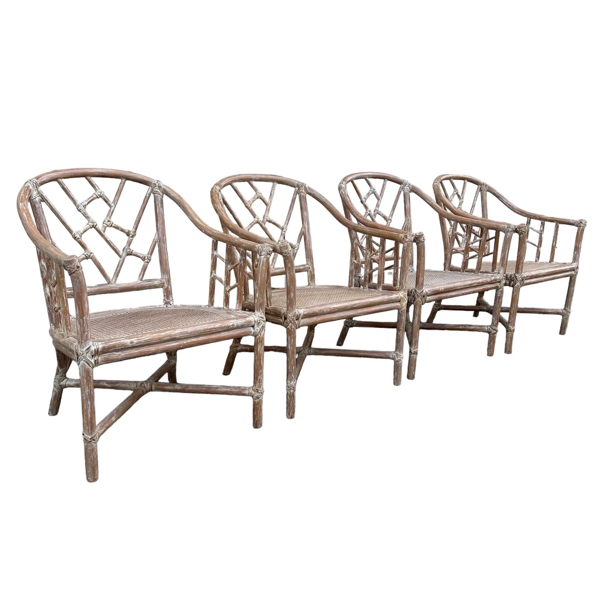 Set of 4 Rattan Arm Chairs with Chinese Chippendale Backs & Cane Seats - Vintage Chinoiserie White Wash Faux Bamboo Wood Hollywood Regency - Image 1