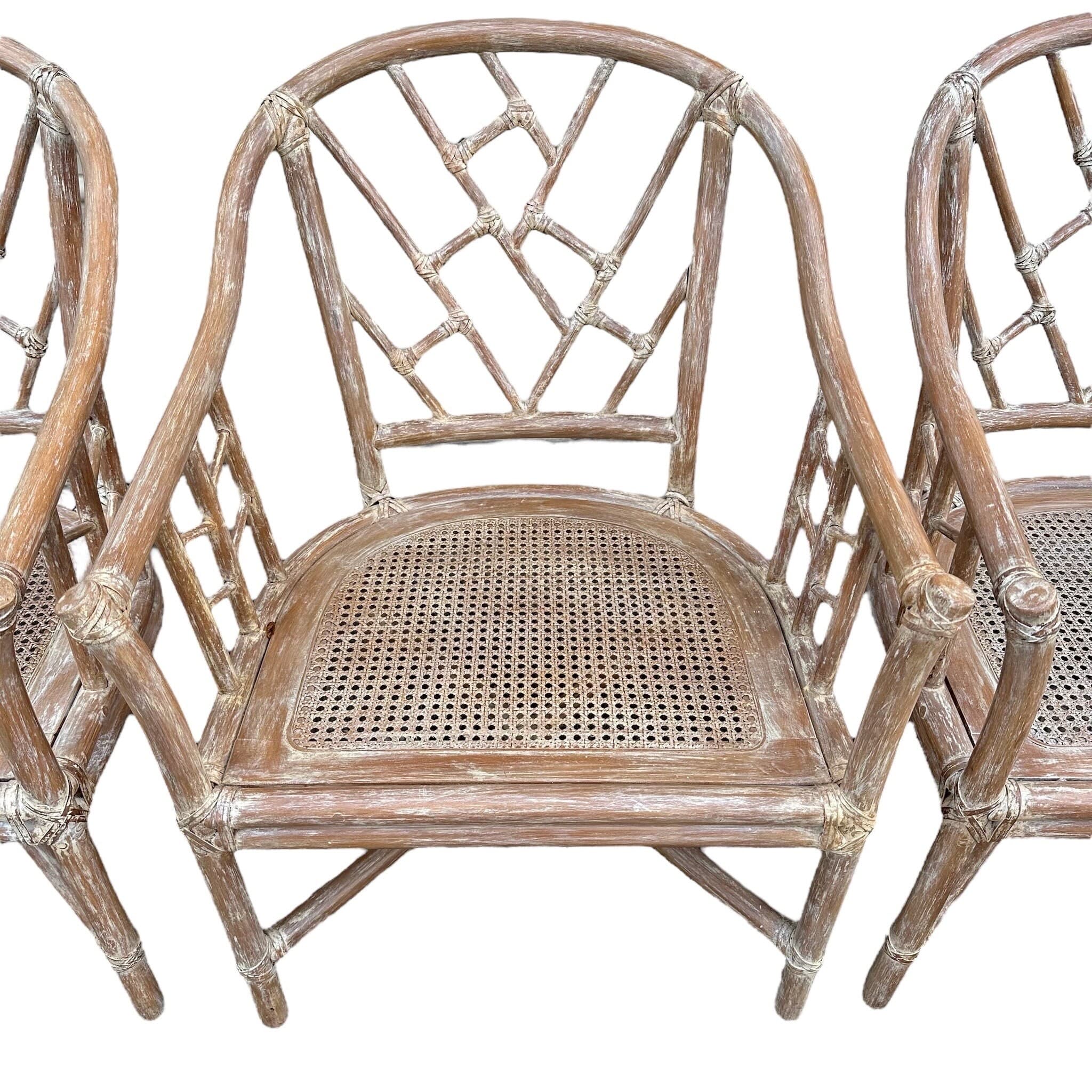 Set of 4 Rattan Arm Chairs with Chinese Chippendale Backs & Cane Seats - Vintage Chinoiserie White Wash Faux Bamboo Wood Hollywood Regency - Thumbnail 5